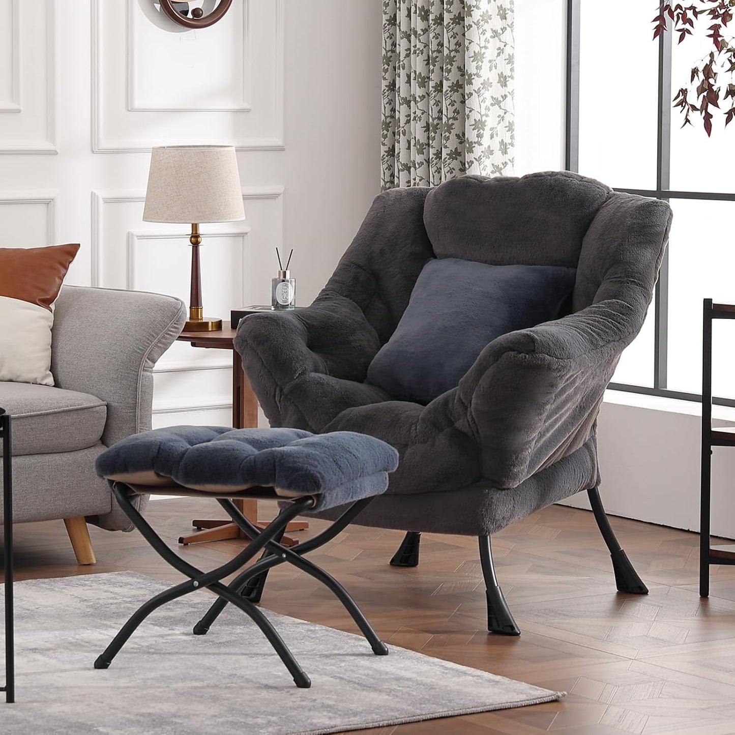 Lazy Chair with Ottoman, Reading Chair with a Pillow, Leisure Sofa Armchair with Ottoman, Large Accent Lounge Chair for Bedroom, Living Room, Dorm Room, Plush Blue-Gray