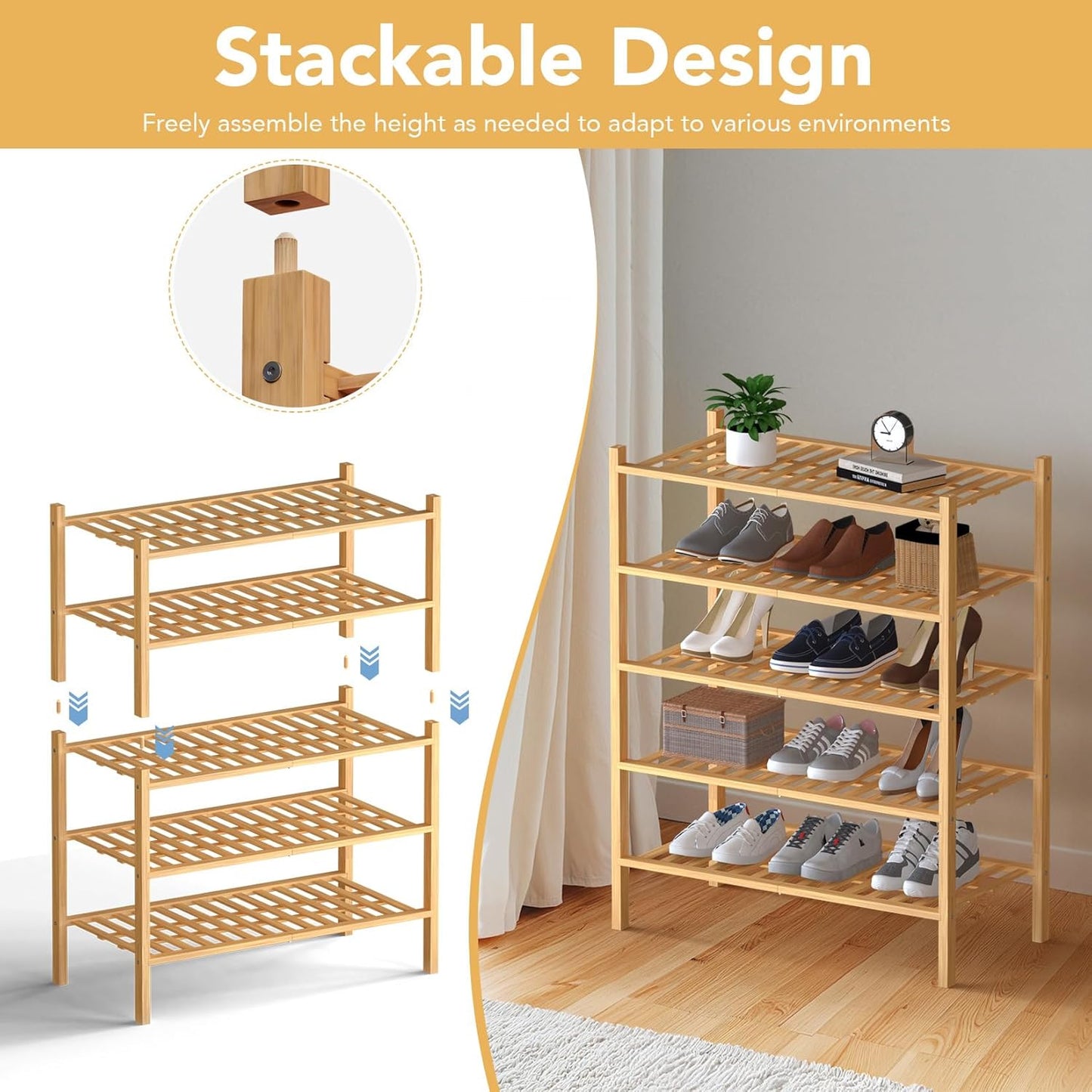 Haddockway Large 2 Tier Bamboo Shoe Rack Storage Organizer,Multifunctional Free Standing Stackable Shoe Shelf with Grid Panel for Closet,Hallway,Entryway,Small Space 27"x12"x14"(Natural, 2-Tier Large)