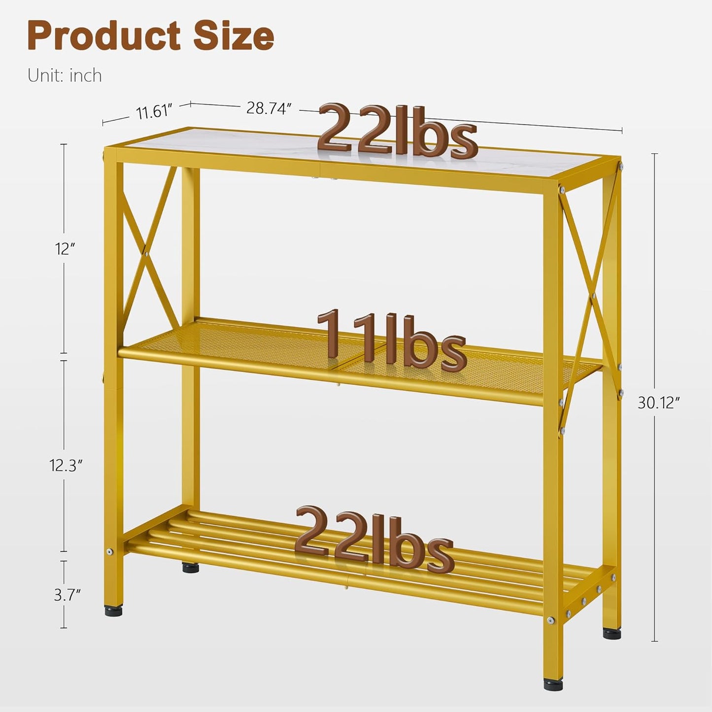 Hoctieon Industrial Console Table, 3 Tier Entryway Table, Metal Frame, Sofa Tables with Shelf, Hallway Desk, Entrance Tables for Entryway, Living Room, Foyer, Hallway, Gold and White