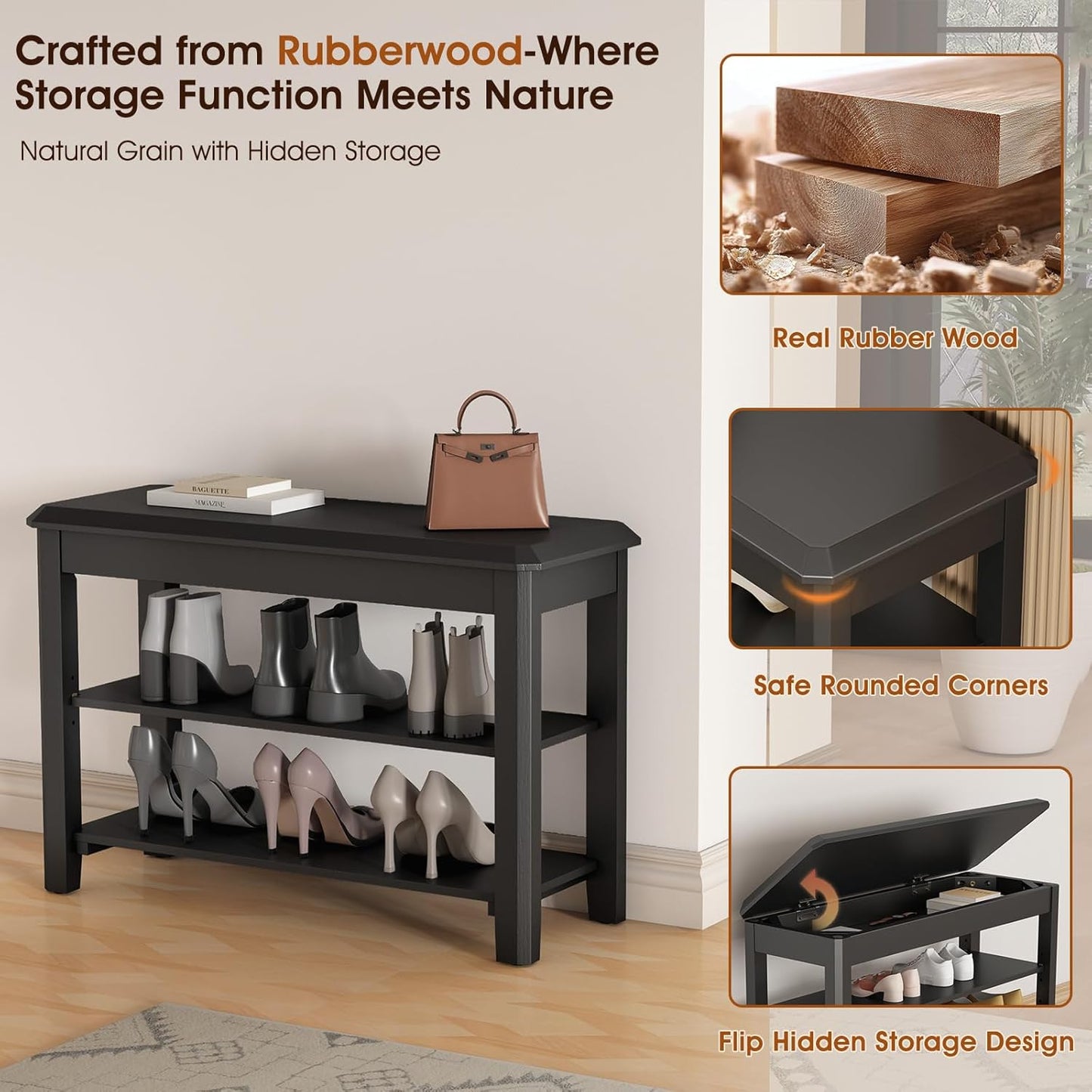 Shoe Rack Bench Seat Rubberwood 2-Tier Wooden Storage Bench 560lbs Compact Mid-Century Modern Design for Entryway, Hallway, Closet, Front Door Entrance, Foyer