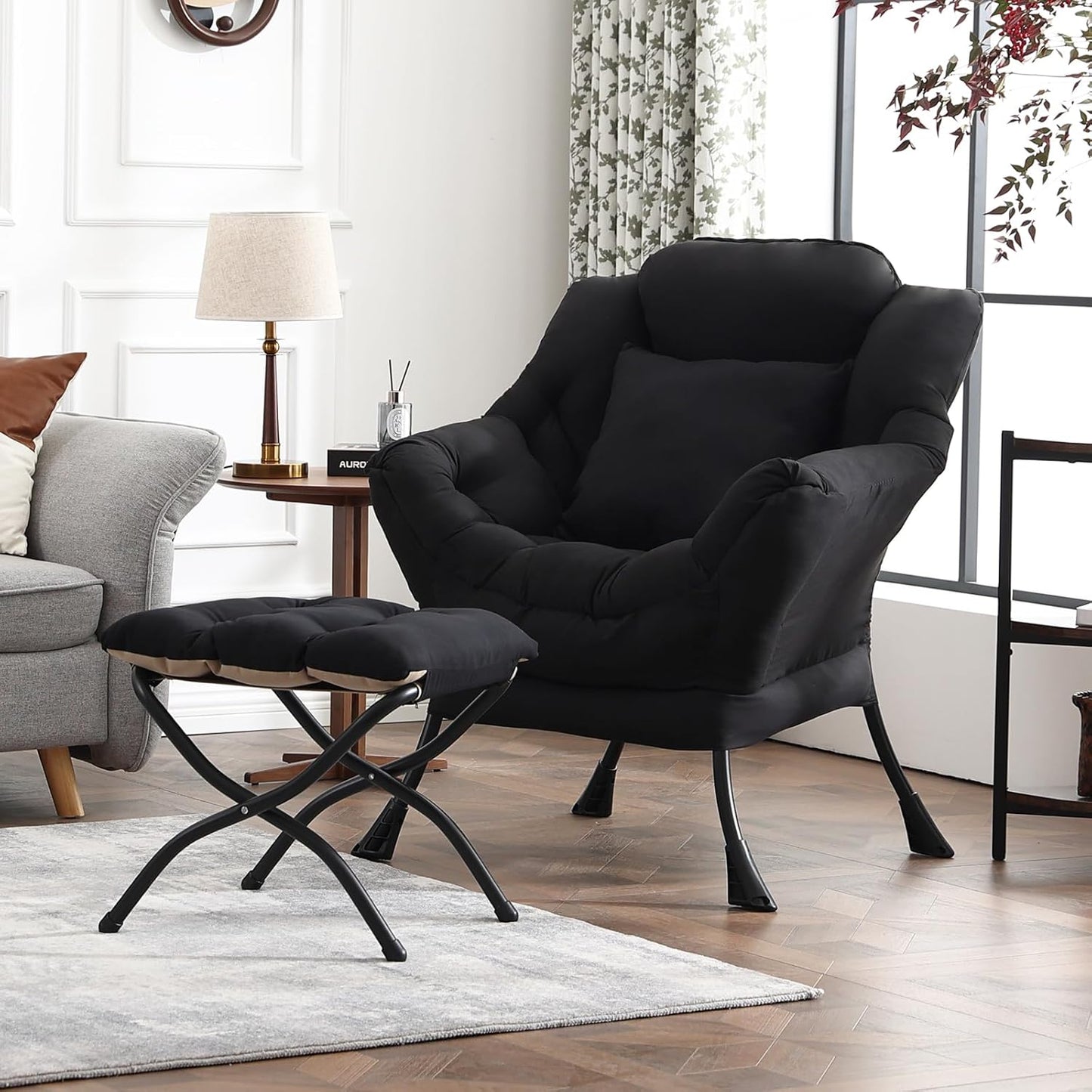 Lazy Chair with Ottoman, Modern Lounge Accent Chair with Armrests and a Throw Pillow, Leisure Sofa Chair Set, Reading Chair with Footrest for Living Room, Bedroom, Dorm Room, Midnight Black