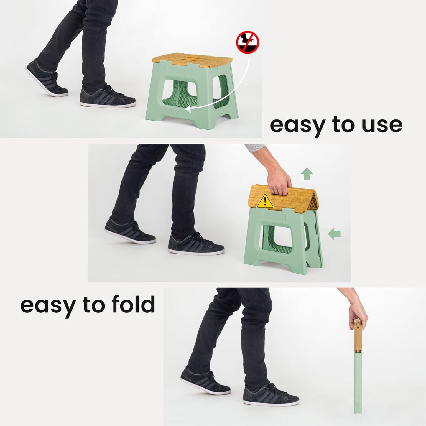 Vigar Compact Step Stool Foldable, 12-1/2-inch Step Stools for Adults up to 330 Pound, Lightweight Stool, Non-Slip Folding Step Stool, Bamboo Print on Top, Vintage Green