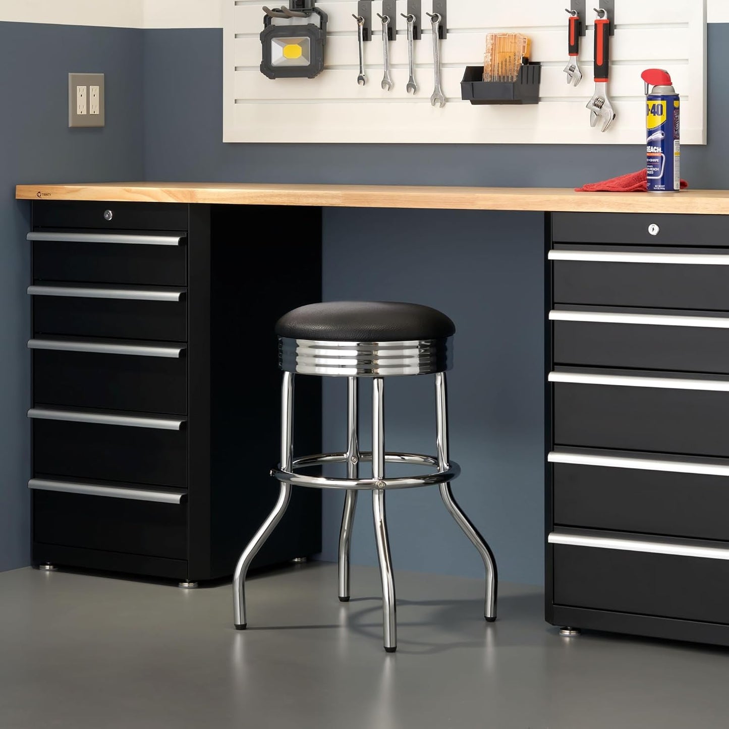 TRINITY Heavy Duty 25-Inch Backless Swivel Bar Stool for Kitchen, Garage, or Workshop, Chrome Finish with Faux Leather Seat, 1 Pack, Black