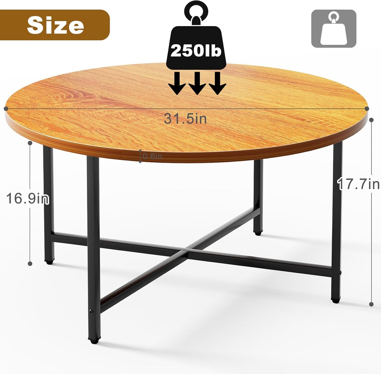 Round Coffee Table, 31.5" Circle Coffee Table，Modern Round Coffee Tables Living Room, Large Coffee Table Round for Indoor & Outdoor Use, Office, Patio or Garden, Warm Brown (31.5" D*17.7" H)