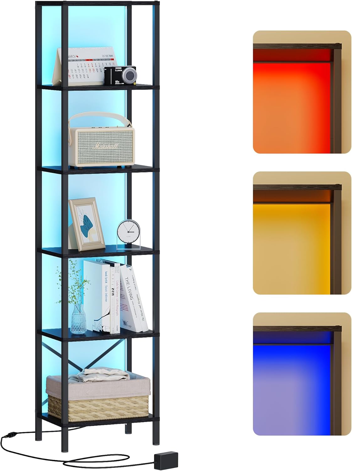 6-Tier Bookshelf, Tall Narrow Bookcase with LED Lights, Book Shelf with Steel Frame, Display Storage Shelf for Living Room, Bedroom, Home Office, Study, Balcony, Black