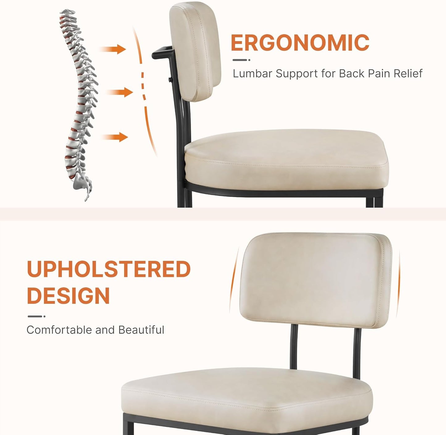 Dining Chairs Set of 4, Upholstered Modern Kitchen Chairs with Ergonomic Backrest, Faux Leather Cushion Seat & Metal Legs for Living Room, Restaurant, and Café, Beige, 2 Boxs