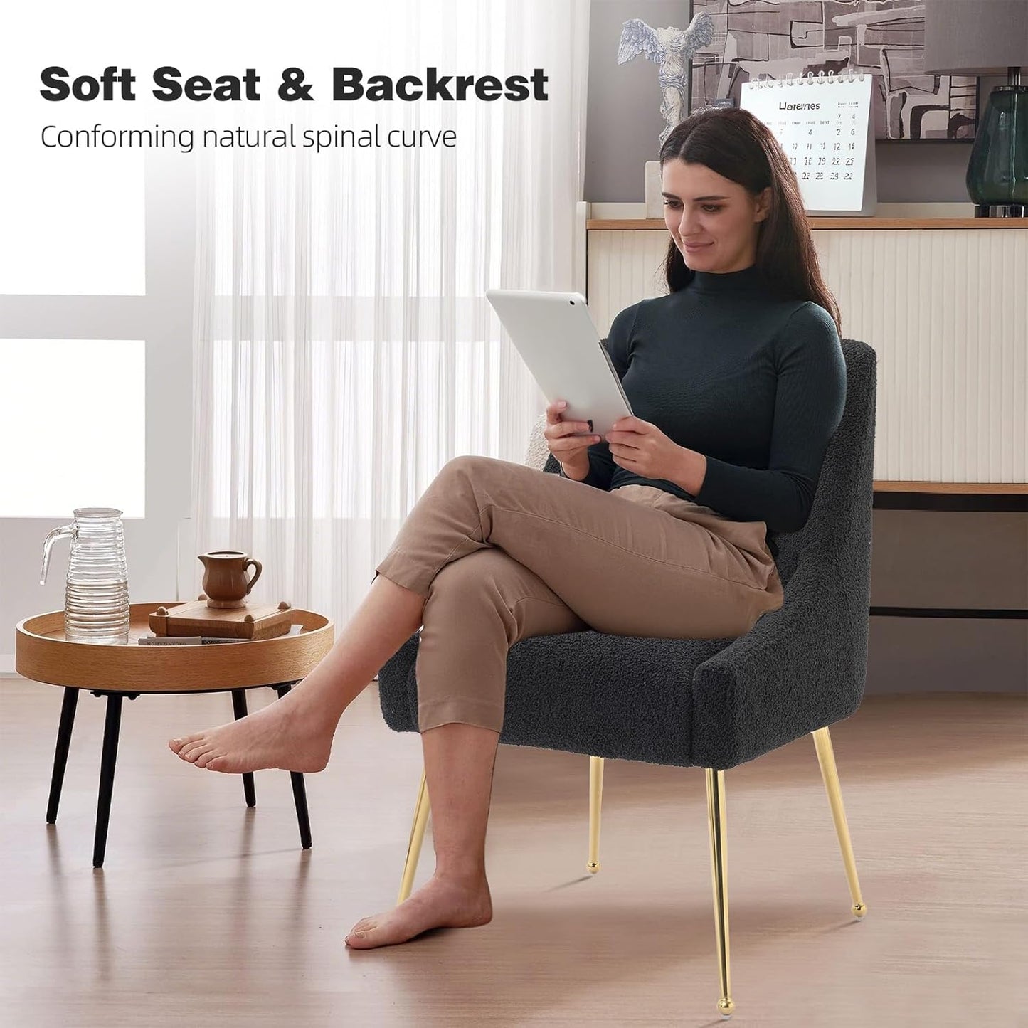 Dining Chairs Medieval Modern Restaurant Chairs, Soft Cushions, Teddy Velvet, Polished Gold Metal Legs, Kitchen Chairs, Living Room Black 2-Piece Set