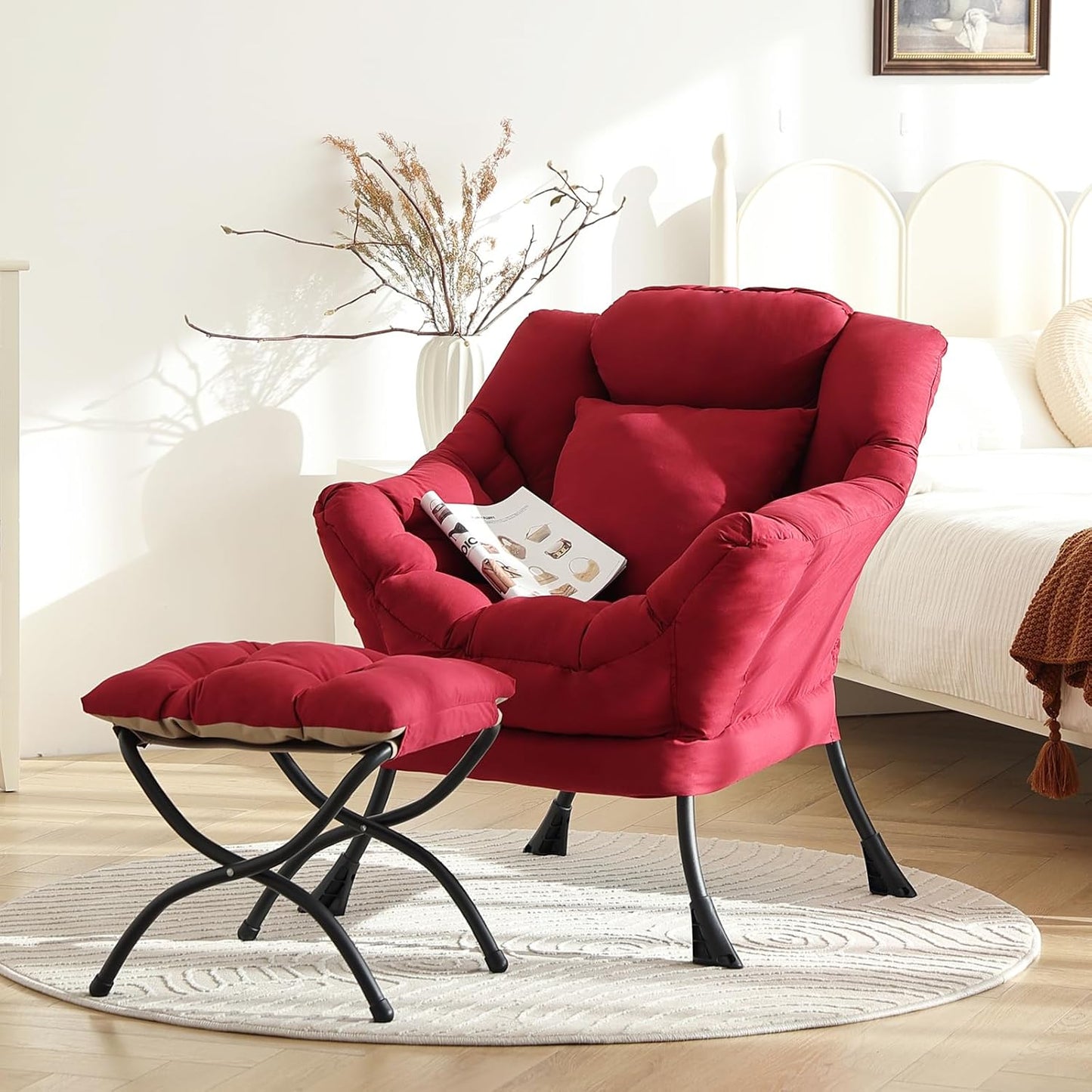 Lazy Chair with Ottoman, Modern Lounge Armchair with a Pillow, Leisure Sofa Armchair Set, Reading Chair with Footrest for Living Room, Bedroom, Office, Dorm Room, Peach Burgundy