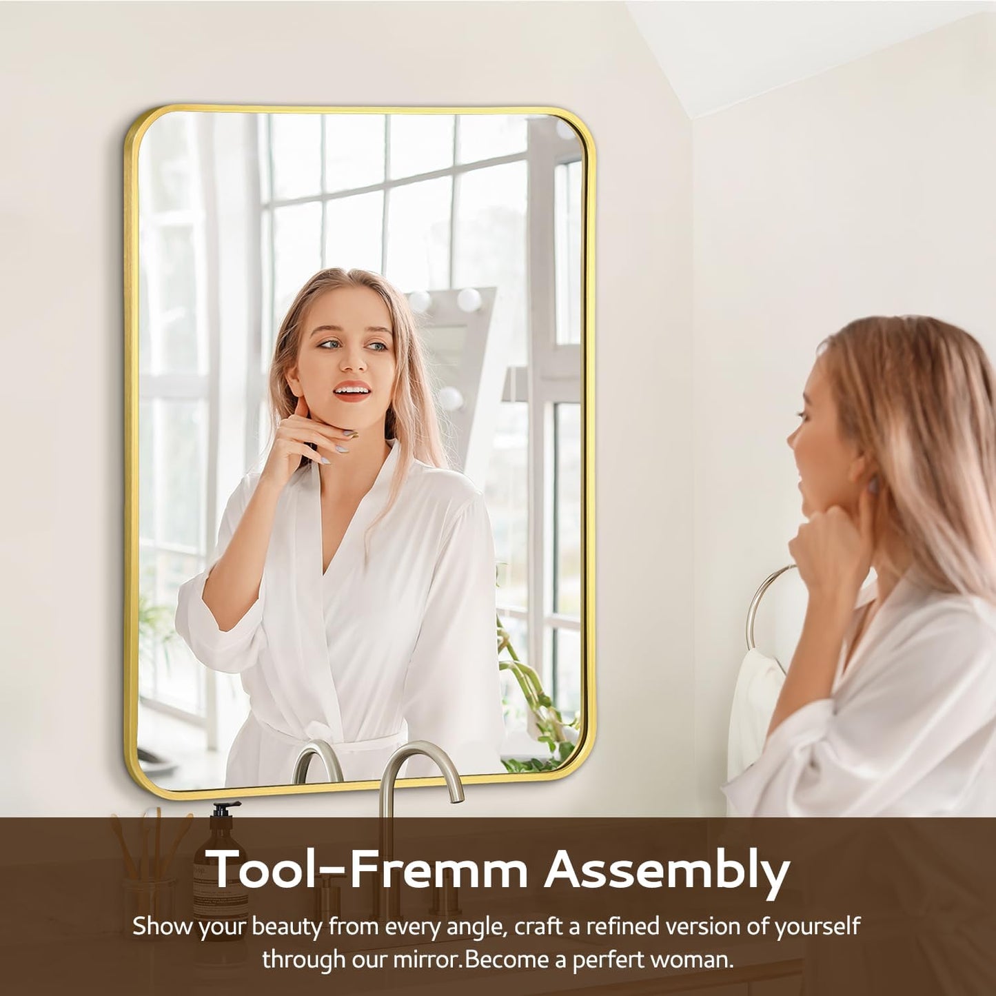 24x36 Rounded Rectangle Bathroom Mirrors for Over Sink, Glod Vanity Mirror with Metal Frame Wall Mounted, Modern Farmhouse Mirror for Restroom, Bedroom, Entryway Decor