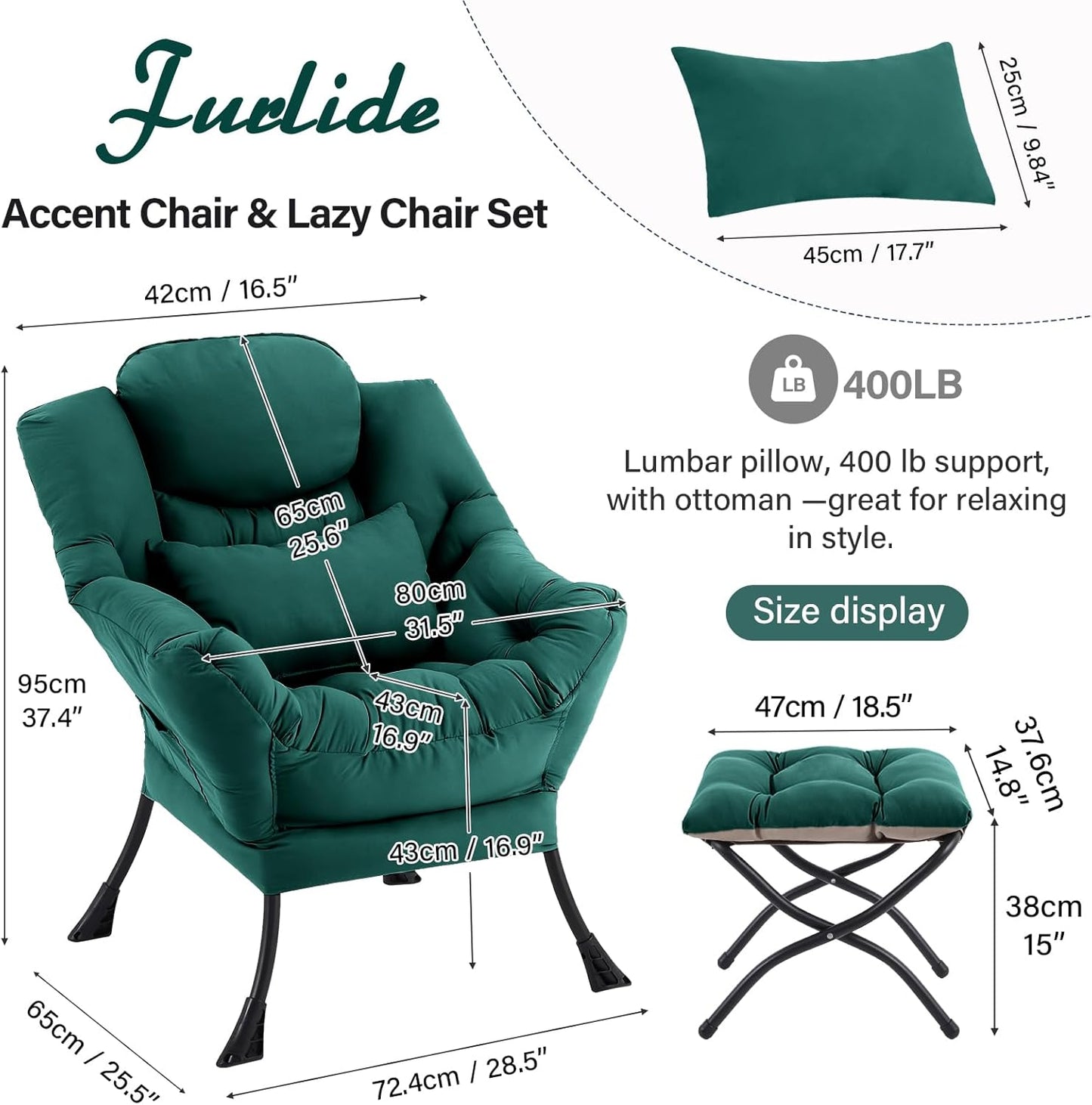 Lazy Chair with Ottoman, Comfy Fabric Accent Lounge Arm Chair with Lumbar Pillow and Folding Footrest, Reading Leisure Sofa Aimchair for Bedroom, Living Room, Dorm,Dark Green
