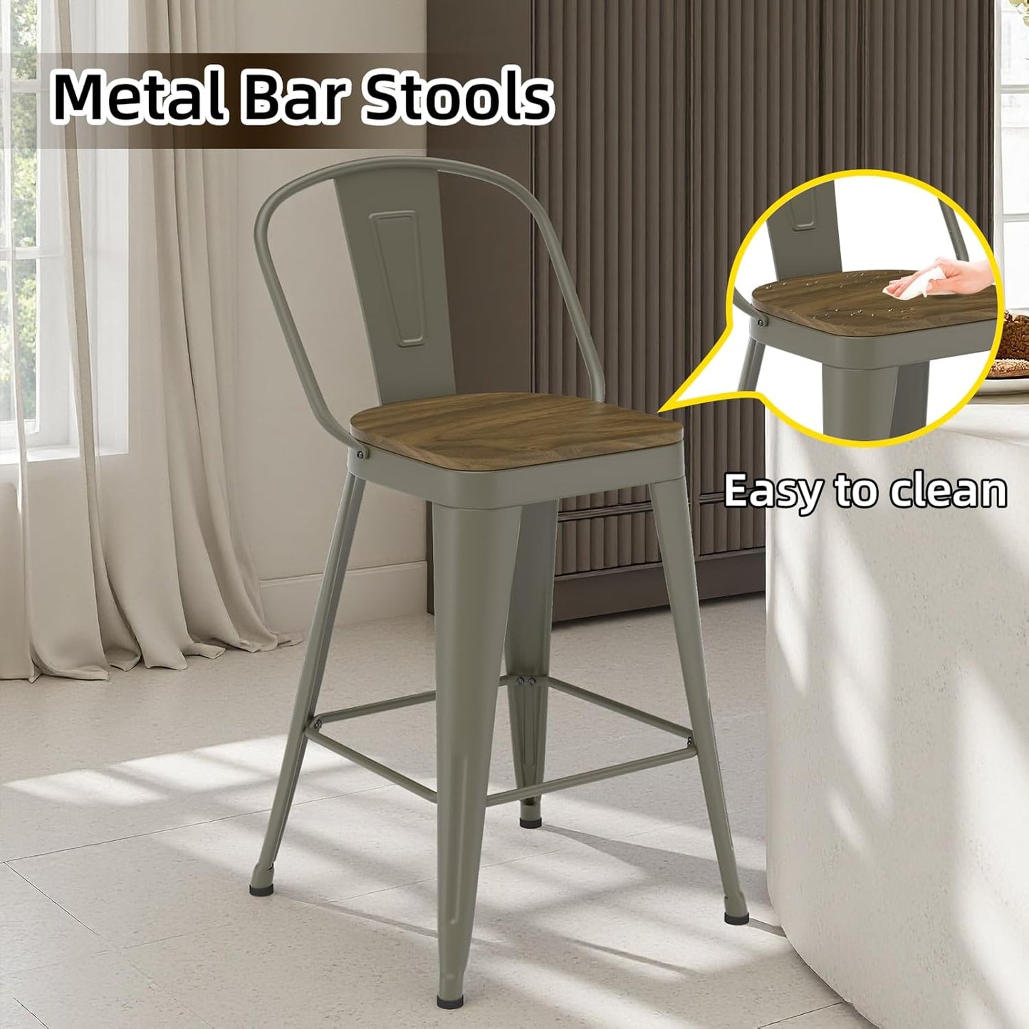 Metal Bar Stools Set of 4, High Back Bar Stools with Wooden Seat, 26 inch Rusty Barstools for Kitchen Island