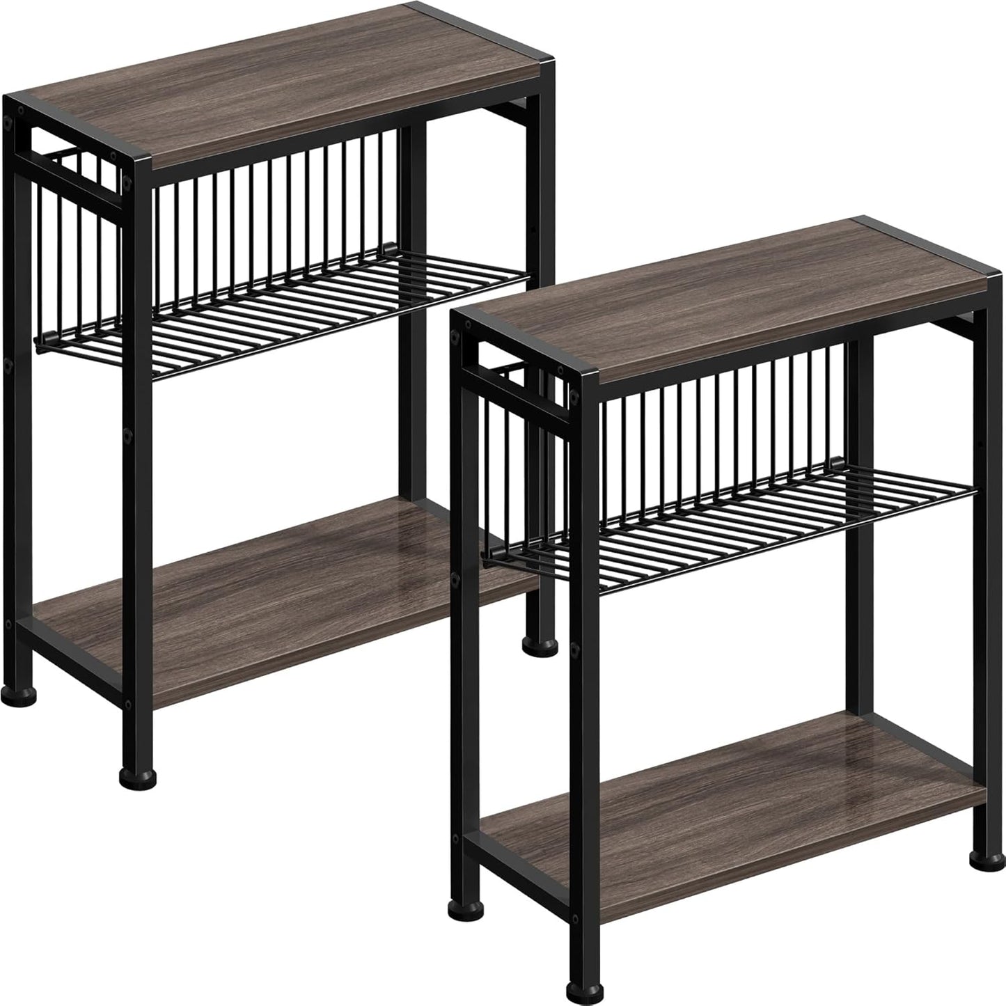 Small Side Table Set of 2 for Small Space, 3-Tier Narrow End Tablewith Magazine Holder,Small Nightstand, Skinny Snack Couch Table in Living Room, Bedroom Study and Balcony(Ash Brown)