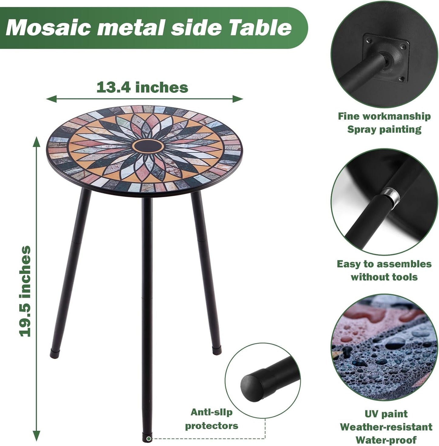 Party Zealot Metal Mosaic Round Side Tables Set of Two 13.4" Small Outdoor Patio Round Accent Coffee Tables Indoor Corner Stand for Small Spaces Weather-Resistant for Balcony Plant Stand