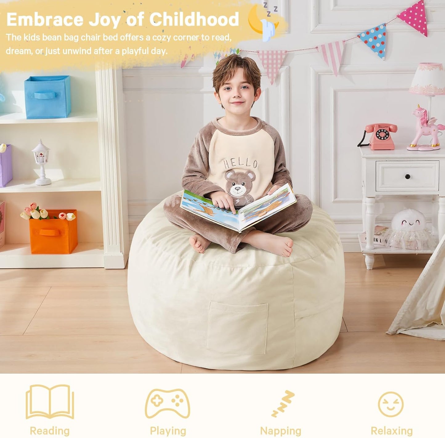 Kids Bean Bag Chair Bed - Convertible Lazy Chair to Floor Mattress with Filler - Small Beanbag Chair for Boys and Girls - Floor Couch Sofa in Bedroom, Classroom, Reading Nook - Beige