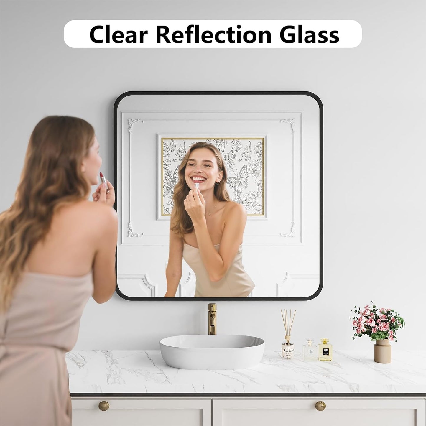 Koonmi Bathroom Mirror, 36X36 Inch Black Metal Framed Mirror for Bathroom, Tempered Glass, Anti-Rust, Rounded Rectangle Mirror for Restroom, Bedroom, Black