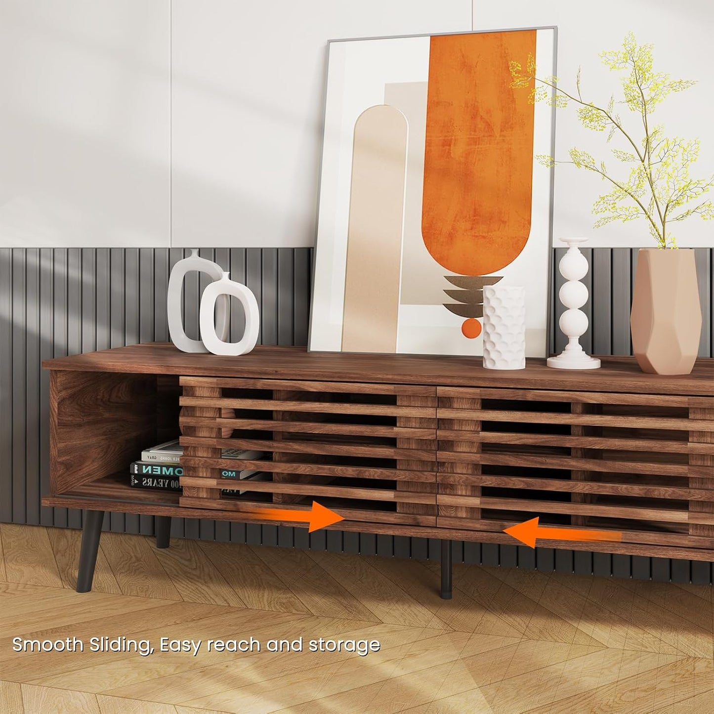 HAIOOU Mid Century Modern TV Stand, 52" Wooden TV Console with Slatted Sliding Doors and Storage for 50/55/60 Inch TV, Small Entertainment Center Media Console Cabinet for Living Room - Walnut Brown