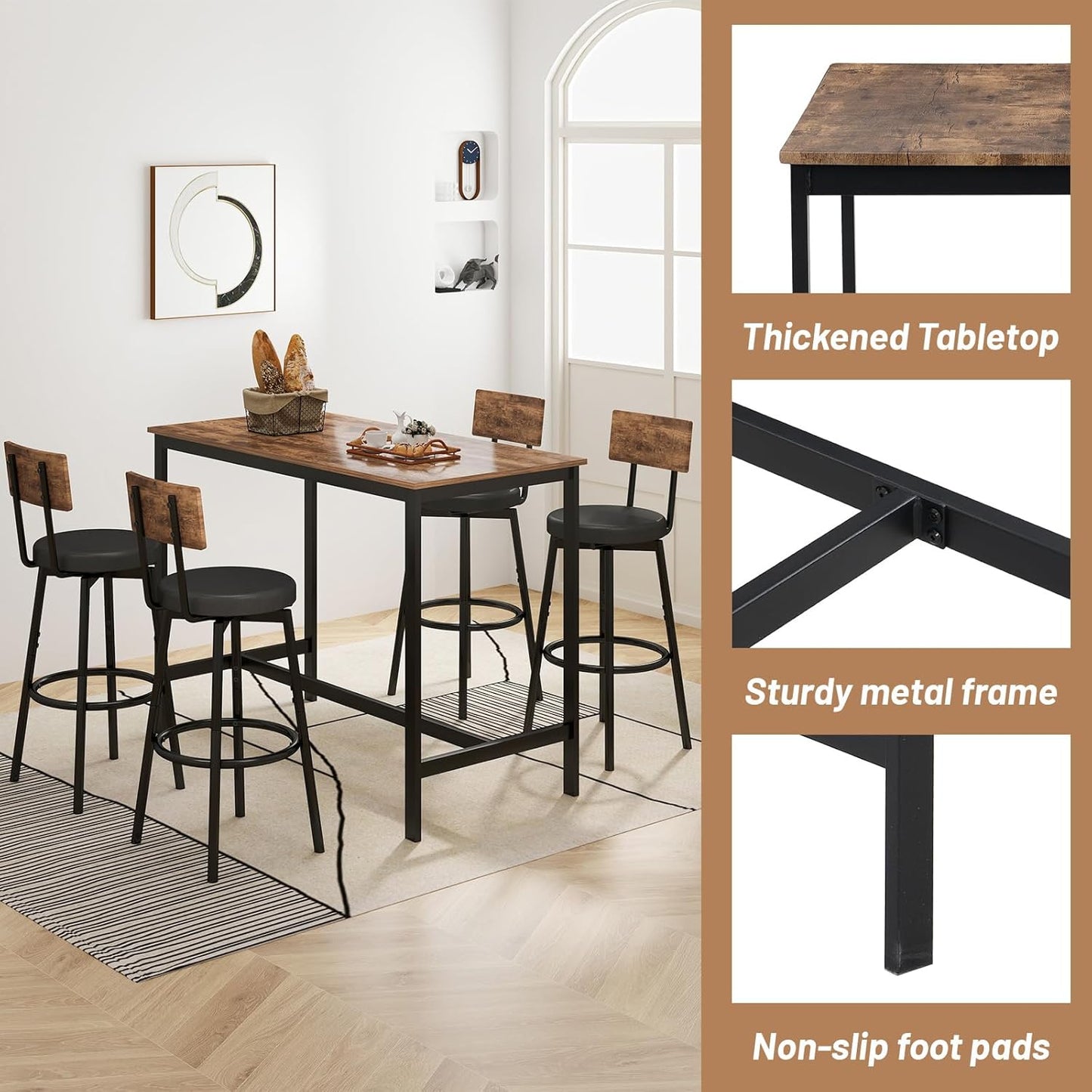 Dining Table Set for 4, 5-Piece Bar Table Set, Kitchen Table and Chairs, Counter Height High Top Table with 4 PU Upholstered Stools, Space-Saving Pub Table Sets for Small Space, Brown