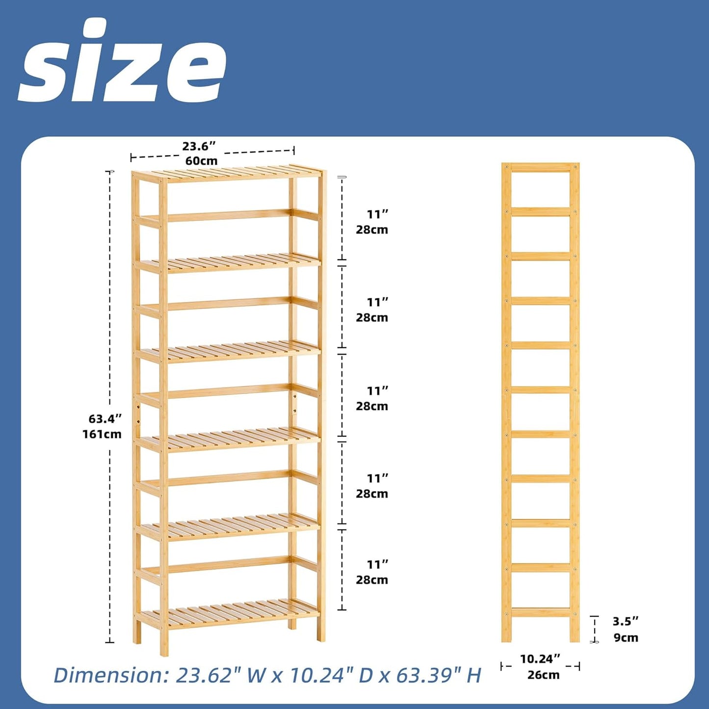 HITNET Bamboo Shelf, 6-Tier Adjustable Tall Open Bookcase, Bathroom Storage Rack Freestanding Shelving Unit, Plant Display Stand for Small Space, Natural