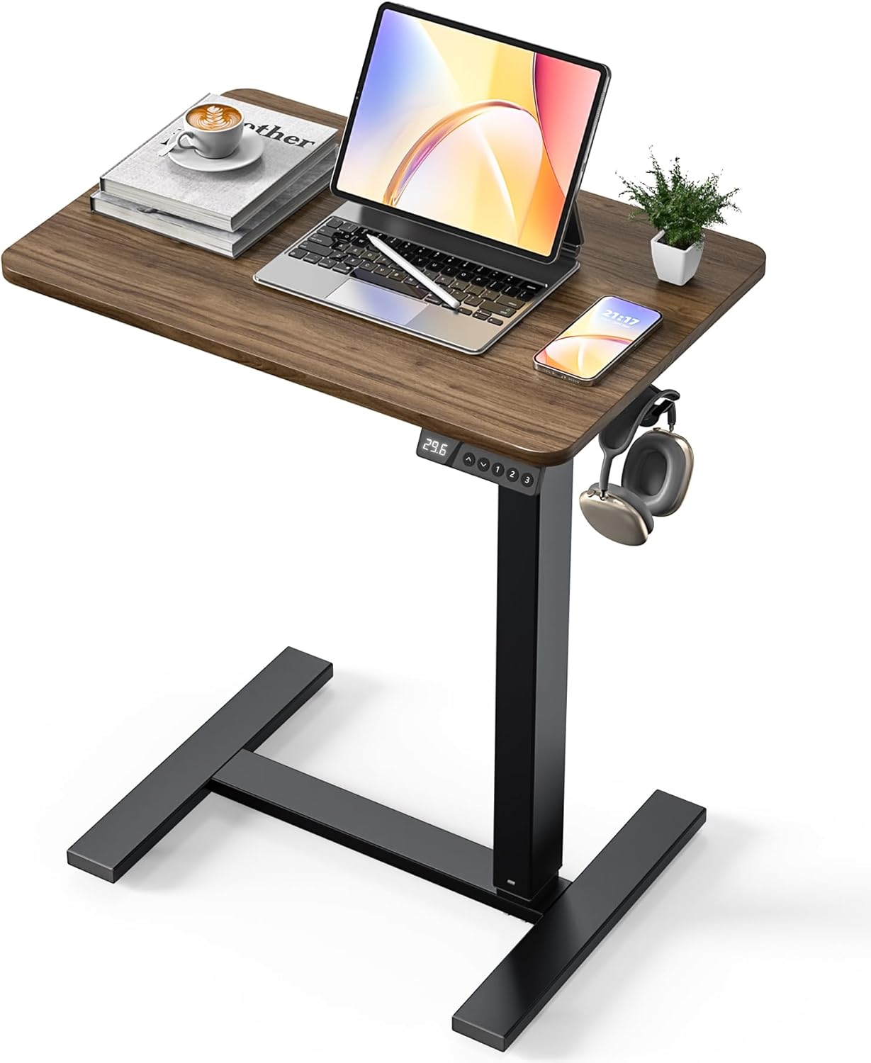 Electric Adjustable Height Standing Desk - Small Sit Stand Portable Rolling Laptop Table with Hidden Wheels, Small Computer Workstation for Bedside & Home Office Use (24"x16",Dark Walnut)