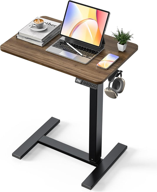 Electric Adjustable Height Standing Desk - Small Sit Stand Portable Rolling Laptop Table with Hidden Wheels, Small Computer Workstation for Bedside & Home Office Use (24"x16",Dark Walnut)
