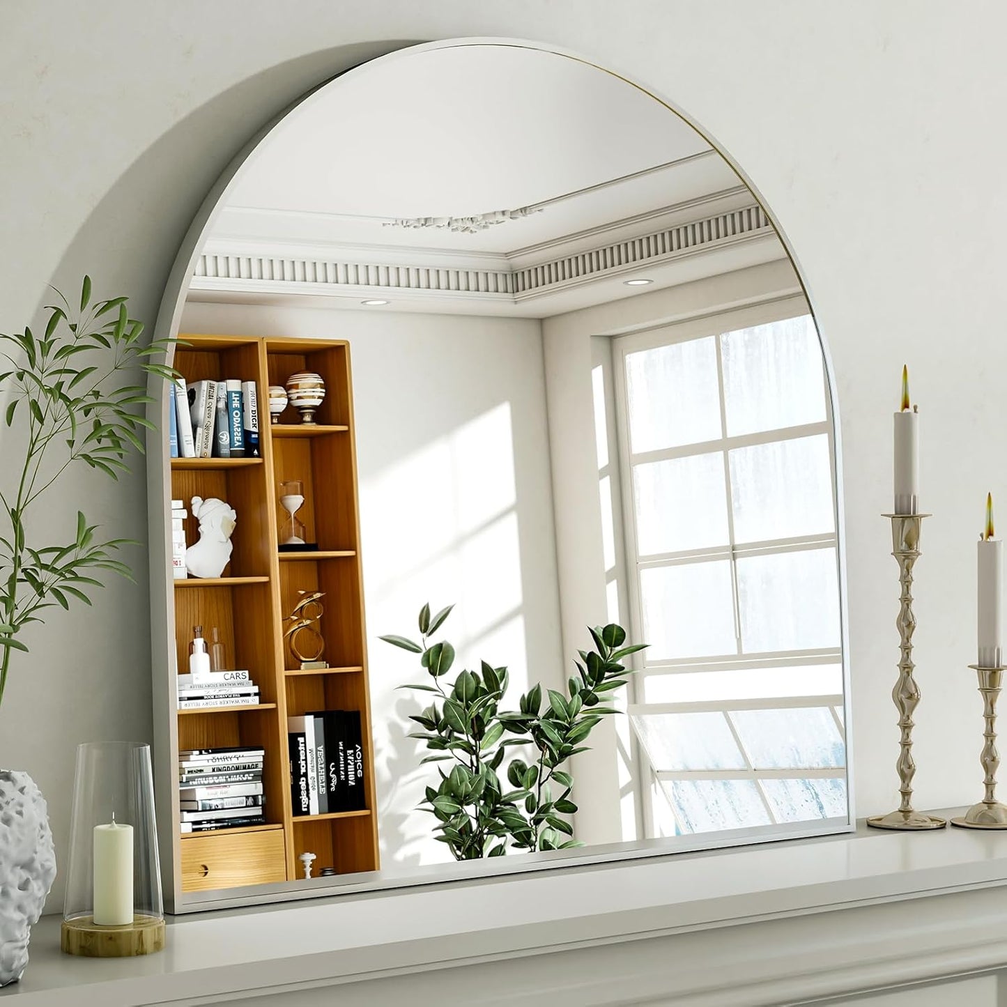 Arched Bathroom Mirror, 32x34 Inch - Wall Mounted Vanity Mirror with Aluminum Alloy Frame - Ideal for Living Room, Bedroom, Bathroom, and Entryway, Hanging or Leaning,Sliver