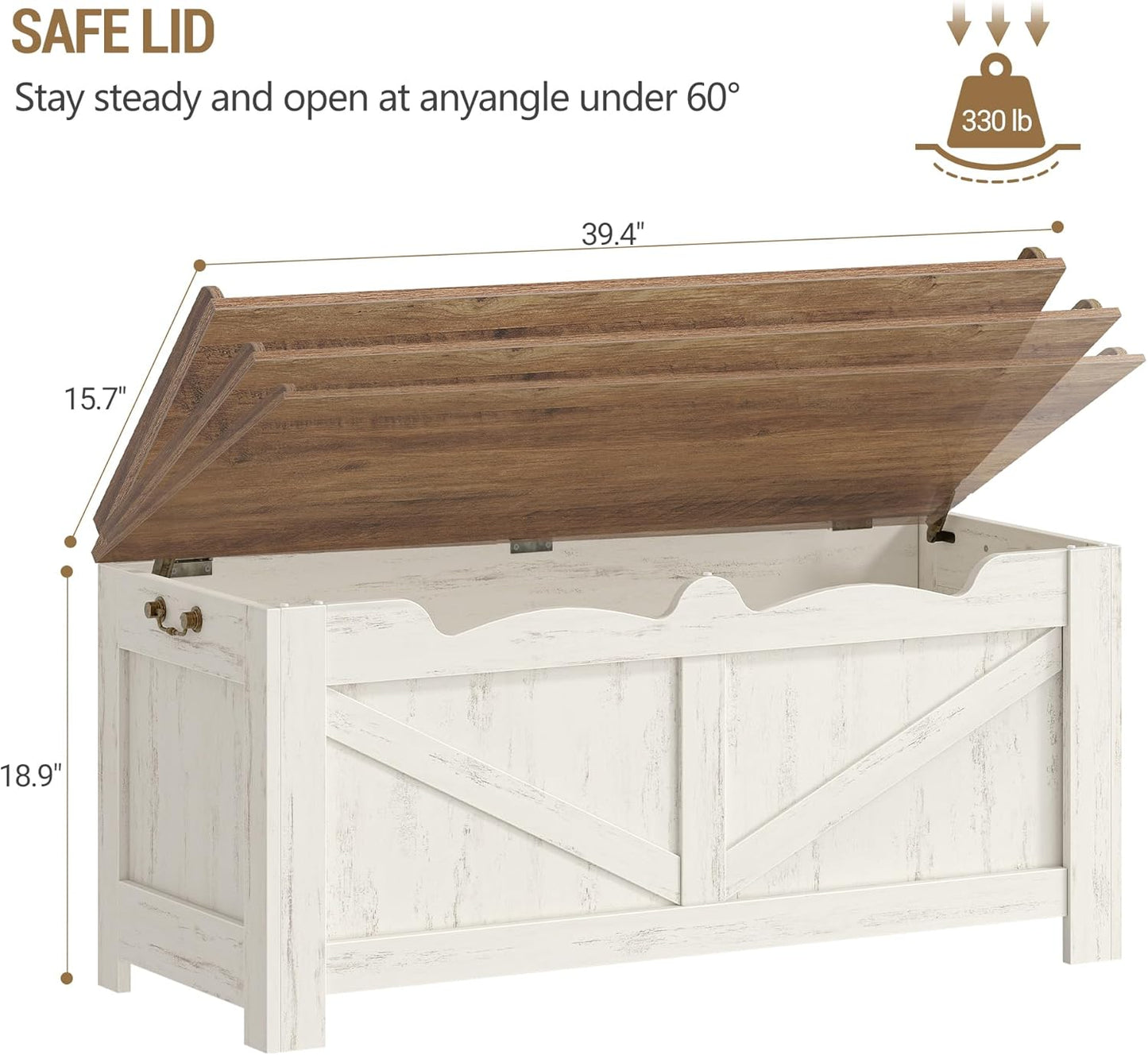 39.4" Storage Chest, Extra Large Storage Trunk with 2 Safety Hinges, Wooden Box Bench, Lift-Top Organizer Chest, Shoe Bench for Entryway, Bedroom, Living Room, White and Brown SB04514B