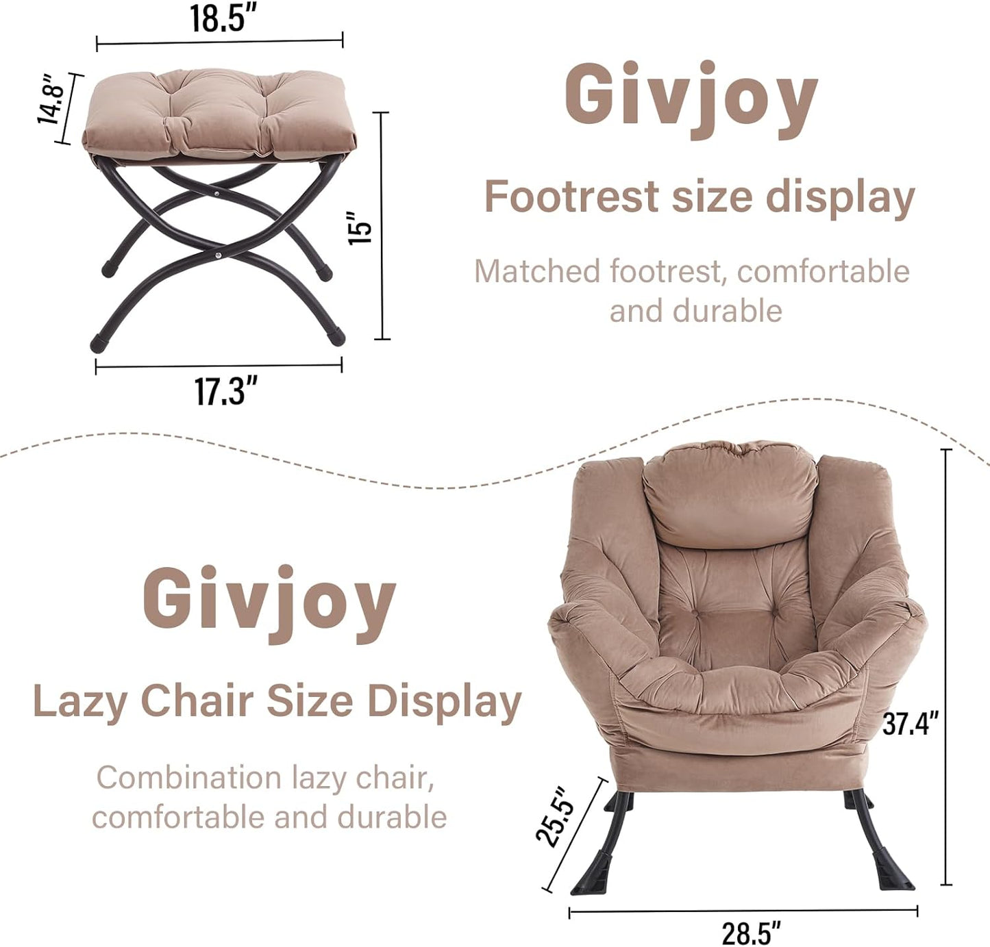 Lazy Chair and Ottoman, Large Accent Lounge Chair with Armrests and a Side Pocket, Modern Leisure Upholstered Sofa Reading Armchair with Footrest for Bedroom, Living Room, Dorm Rooms, Office