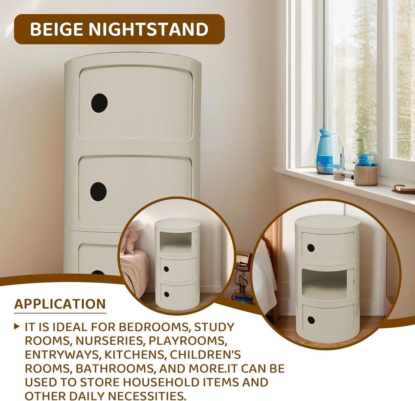 3 Tier Round with Storage, Modern Style Side Table, Multifunctional End Table Storage Cabinet for Living Room, Bedroom, Bathroom (Beige)