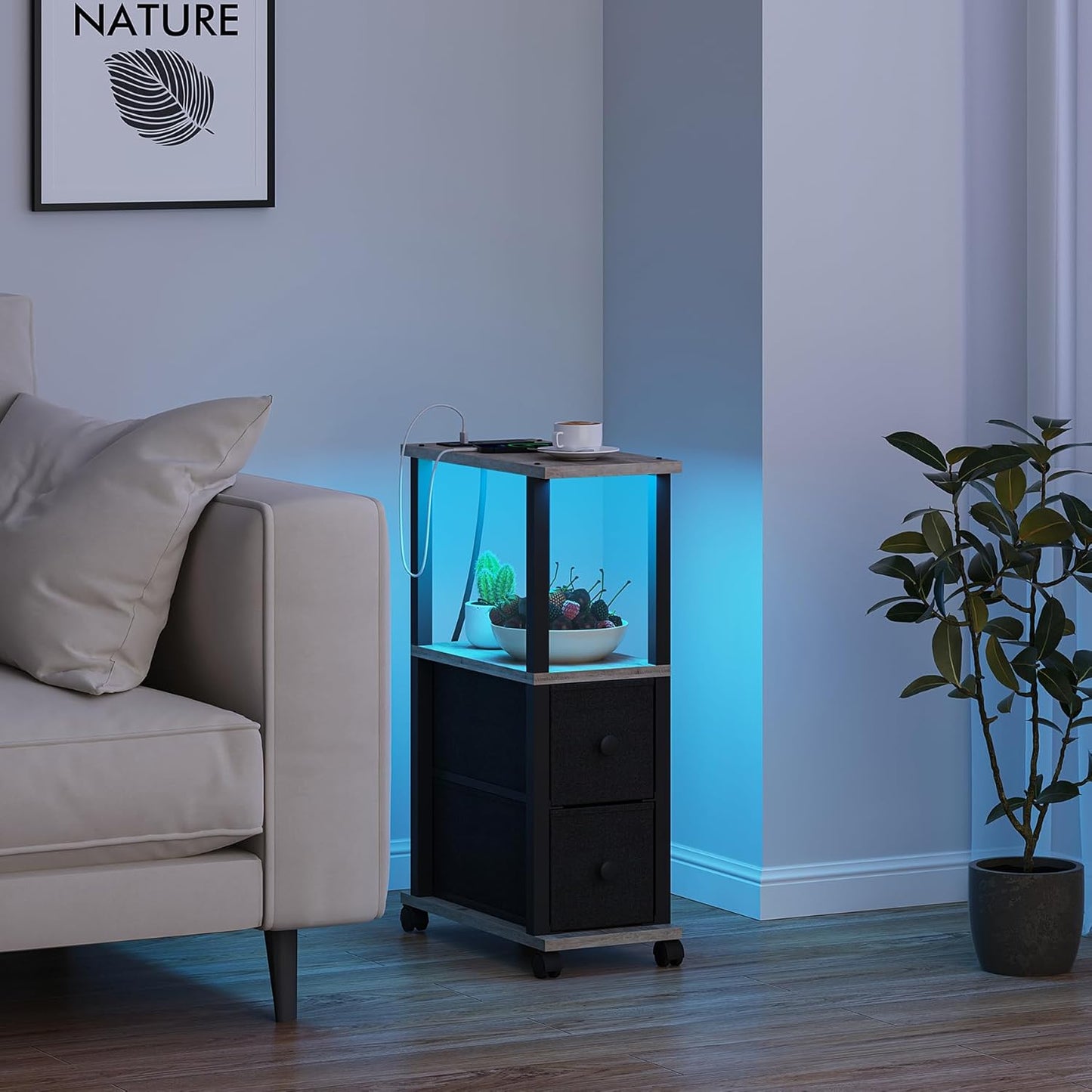 TUTOTAK Small Narrow End Tables, LED Side Tables with 2 Fabric Drawers, Set of 2, Bedside Tables with Charging Station for Small Spaces, Slim Nightstands with USB Ports and Wheels, TB01BG053L