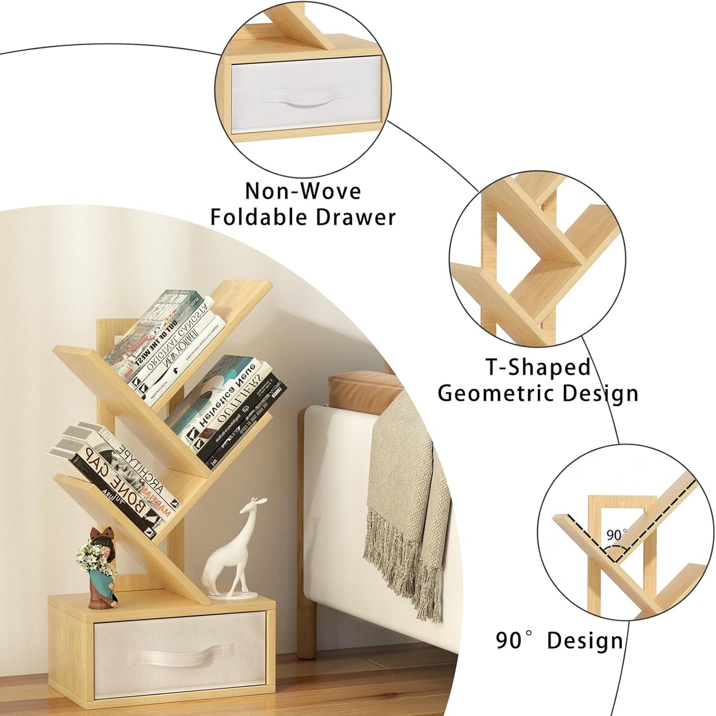 Small Book Shelf with Drawer,4 Tier Black Tree Bookshelf,Wooden Desktop Bookcase,Modern Desk Display Storage Bookshelves,Floor Standing Organizer Bookcases for Living Room,Bedroom,Office