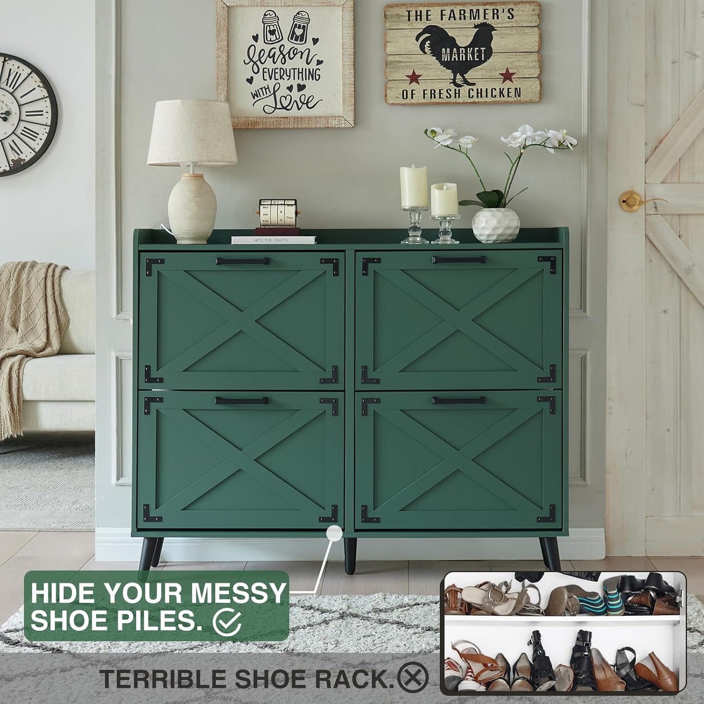 Shoe Storage Cabinet,Farmhouse Shoe Organizer with 4 Flip Drawers & Barn Door Design,Freestanding Hidden Slim Narrow Shoe Rack Cabinet for Entryway,Foyer,Hallway,Green