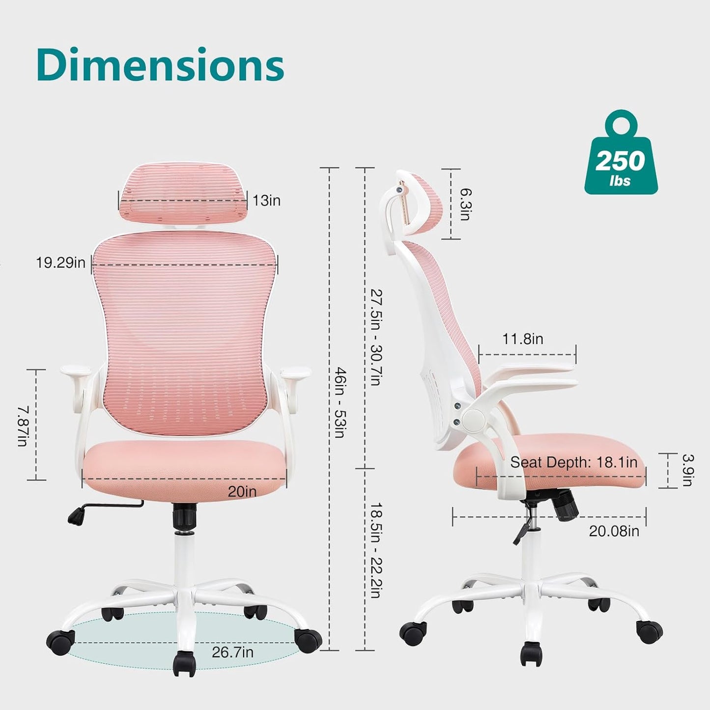 SMUG Office Desk Chair - Ergonomic High Back Computer Task Chair with Comfy Lumbar Support and Adjustable Headest, 360° Swivel, Flip-up Armrest for Home, Bedroom, Gaming, Study, Student, Pink