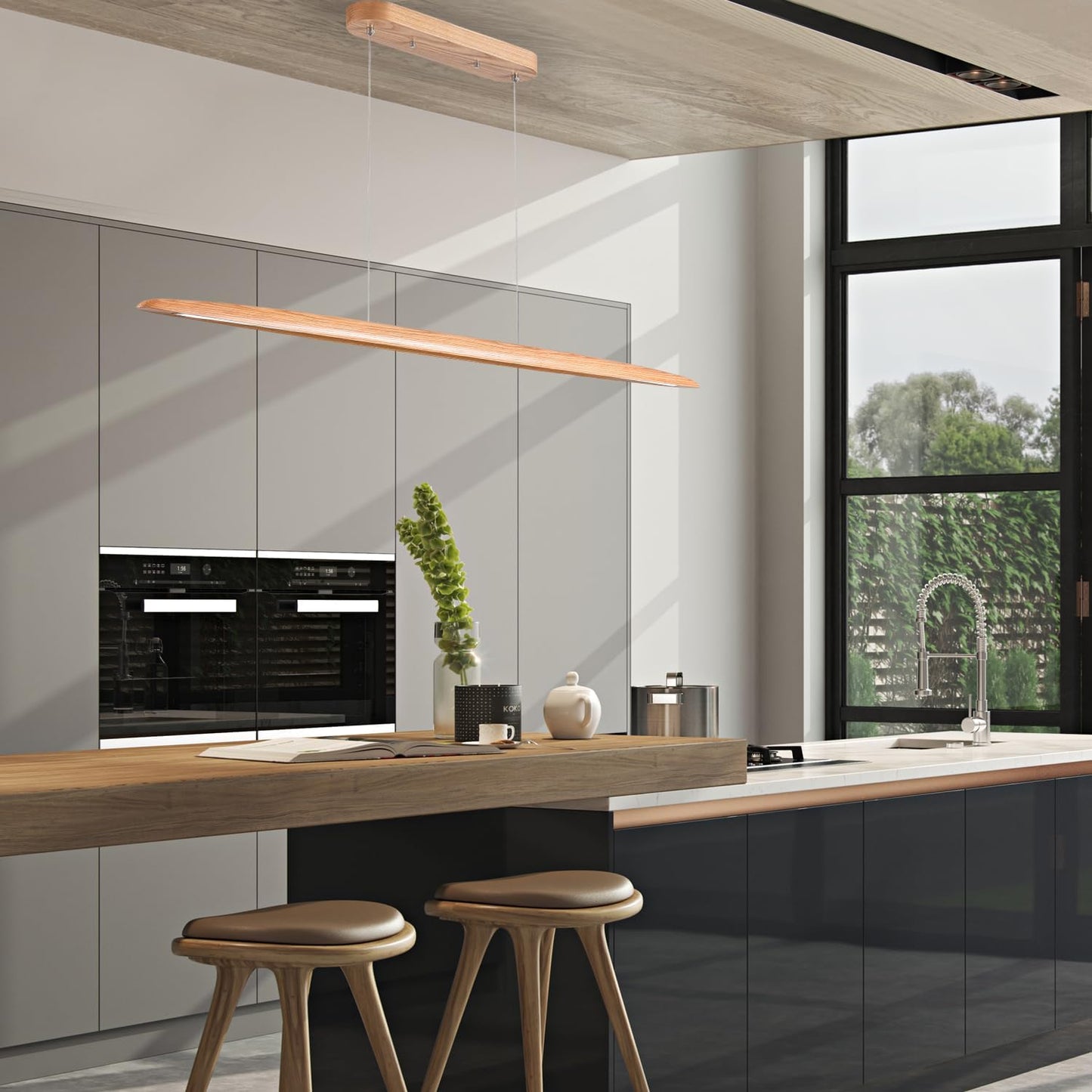 59" 40W Wood LED Linear Pendant Light Fixture Led Dining Room Light Dimmable Hanging Light Fixture for Dining Room Kitchen Island Pool Table Lights Natural Ash