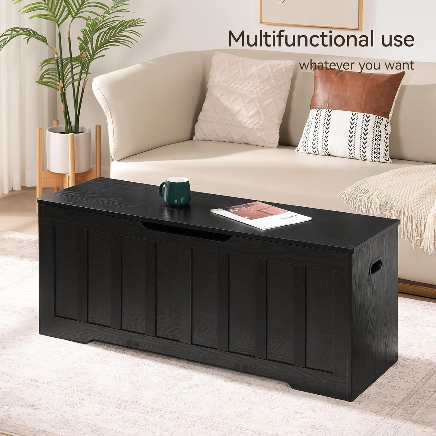 47.2" Storage Chest Extra Large,Storage Trunk with 2 Safety Hinges,Wooden Storage Bench,Shoe Bench,47.2x15.7x19.1 Inch,Easy Assembly,Storage Bench for Bedroom,Living Room,entryway(Black).