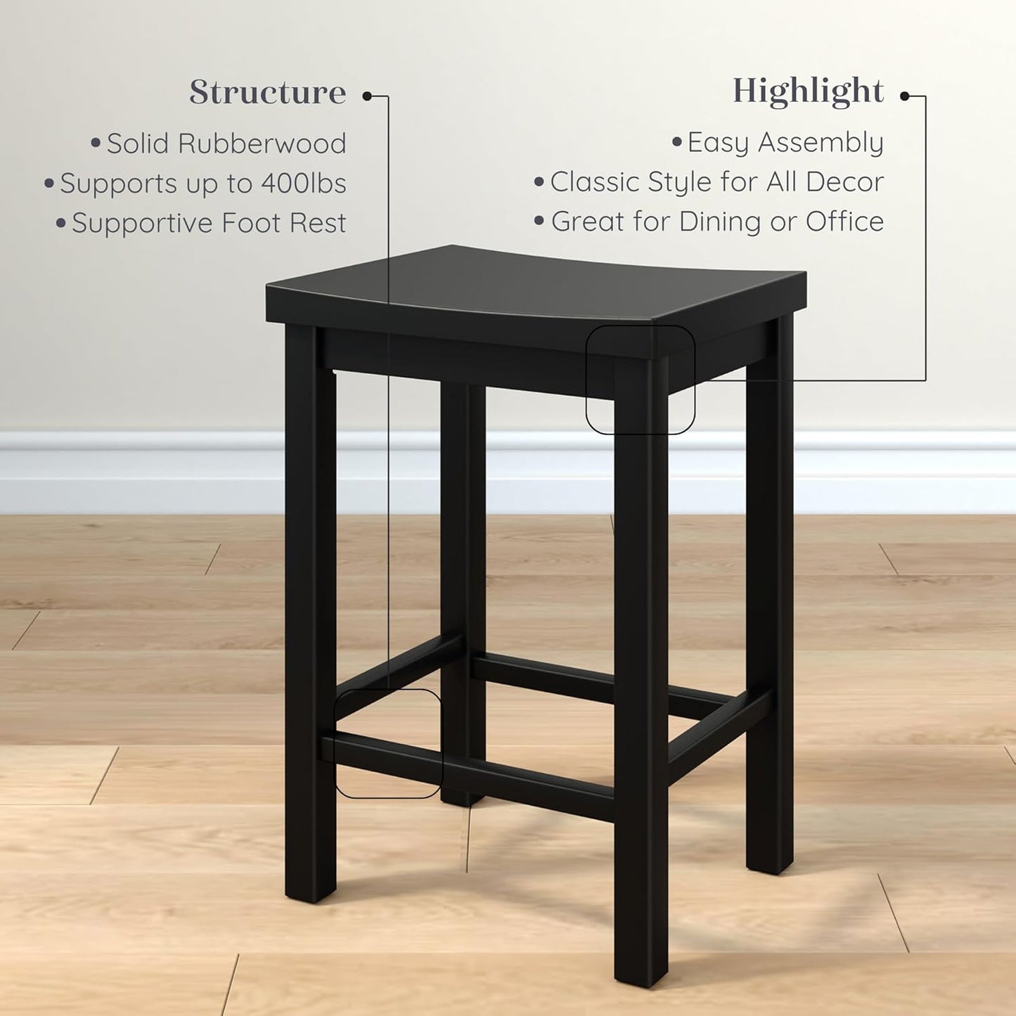 Grain & Grove Smith Collection Solid Wood Counter Height Bar Stool, 24-Inch Saddle Seat Backless Stool, Ideal for Kitchen Island, Dining, or Home Bar Seating, Black