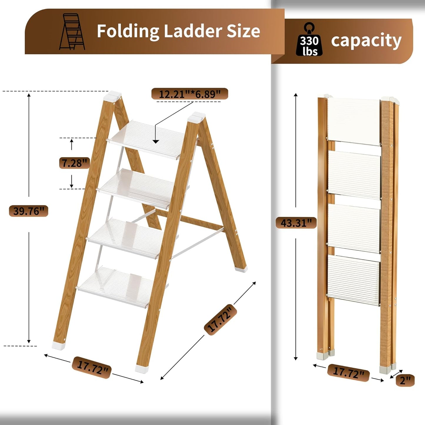 Lightweight Folding Step Ladder Household, Aluminum 4 Step Ladder Foldable for Home, Sturdy Step Stool for Adults 330 Lbs - White & Wood Grain