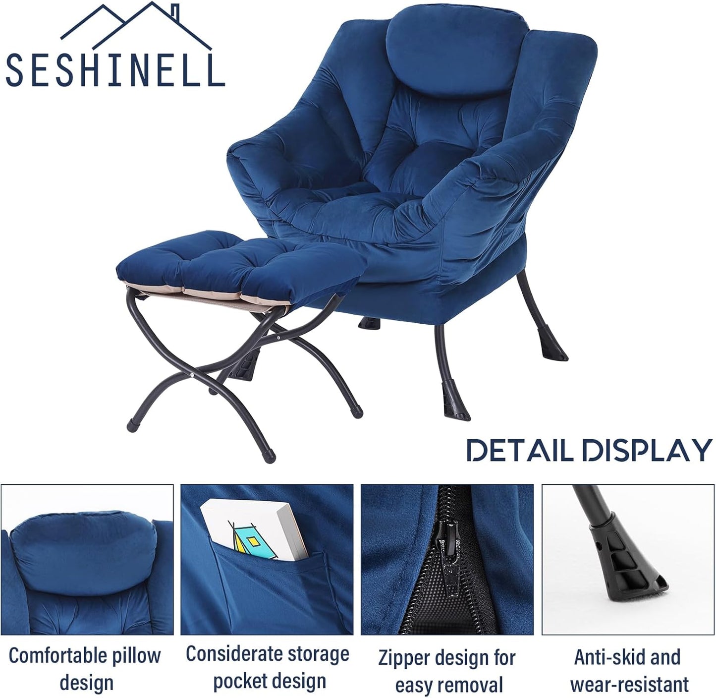 Lazy Chair with Ottoman, Modern Accent Chair Lounge Leisure Sofa Chair with Armrests, Reading Chair and Folding Footstool for Living Room, Bedroom, Office, Royal Blue