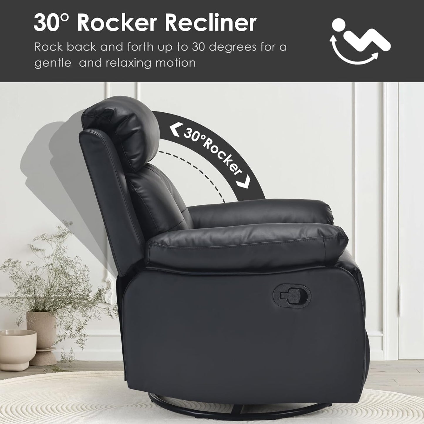 Swivel Rocker Recliner, 360 Swivel Small Recliners with 30 Degree, 90-150 Degree Angle, Faux Leather Lift Chair for Home Theater Seating, Adults, Living Room, Bedroom, Black