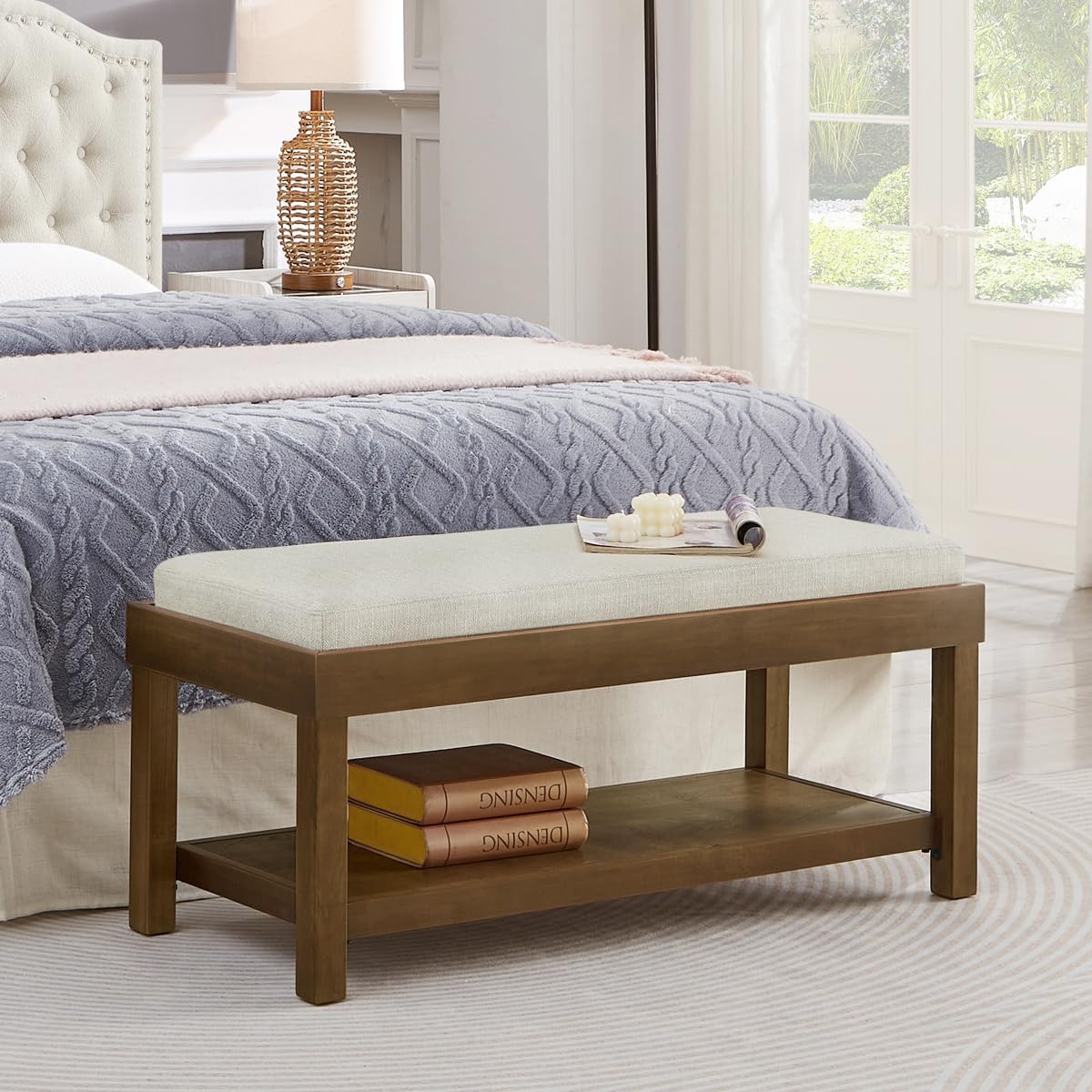 24KF Large Rectangular Storage Bench,Upholstered Seat Cushion,Ottoman Coffee Table with Ivory Removable Cushion for Living Room,Entryway Bench Bed Bench with Solid Wood Shelf,5069-Ivory