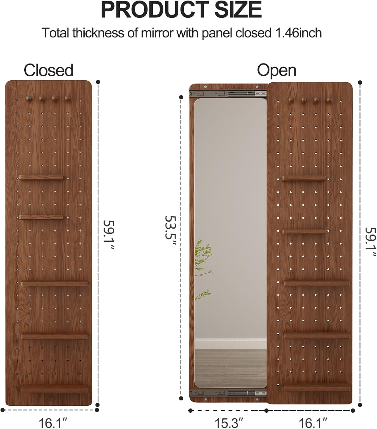 KungFuWood Full Length Mirror with Shelf and Hooks,Entry Way Mirrors for Wall,Wall Mirror with Shelf,Wall Mirror with Storage Multifunctional Design Panel,Living Room