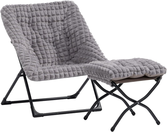HollyHOME X-Large Saucer Chair with Foldable Ottoman, Comfy Oversized Folding Chair and Folding Footrest Stool Set, Faux-Fur Reading Chair and Footstool for Living Room, Blue&Grey Chair&Stool