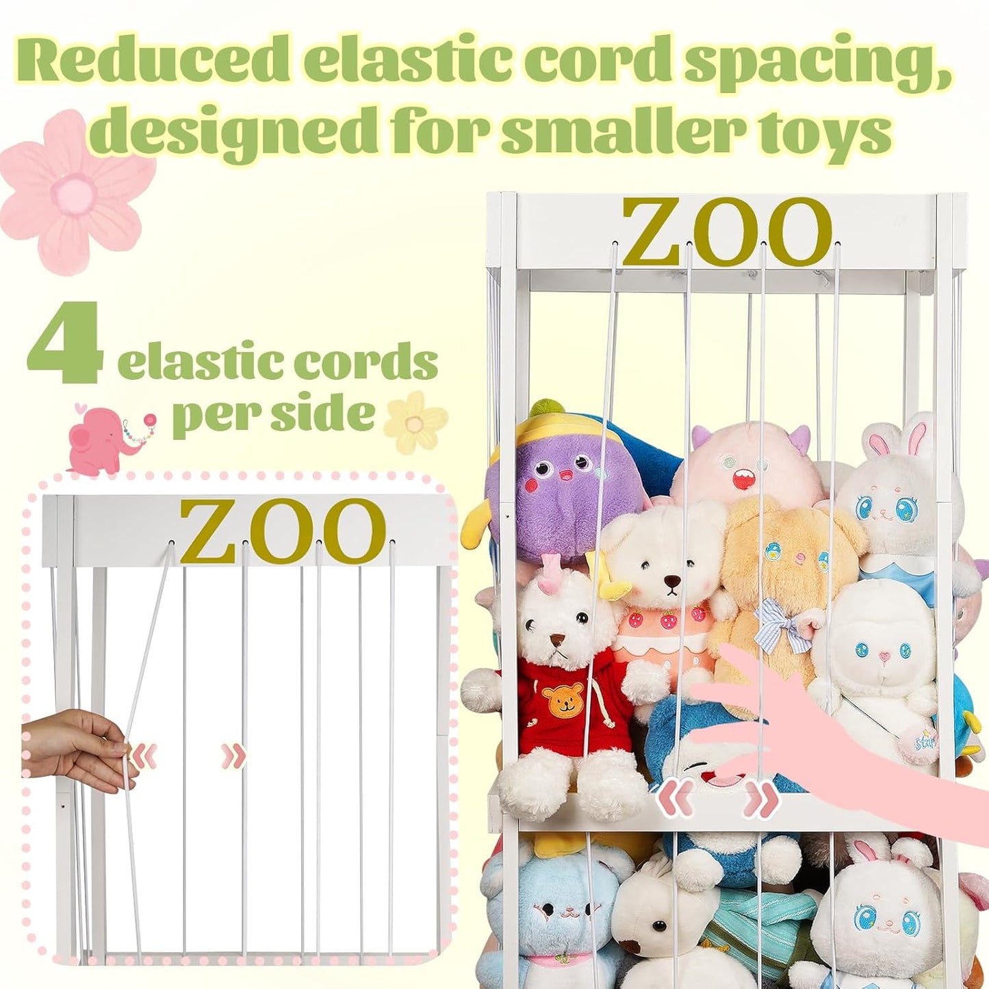 Trycooling Stuffed Animal Zoo Stuffed Animal Storage Wood Plushie Storage Stuffed Animals Zoo Storage Cage with Zoo Pattern Elastic Band for Nursery Play Room Bedroom (White)