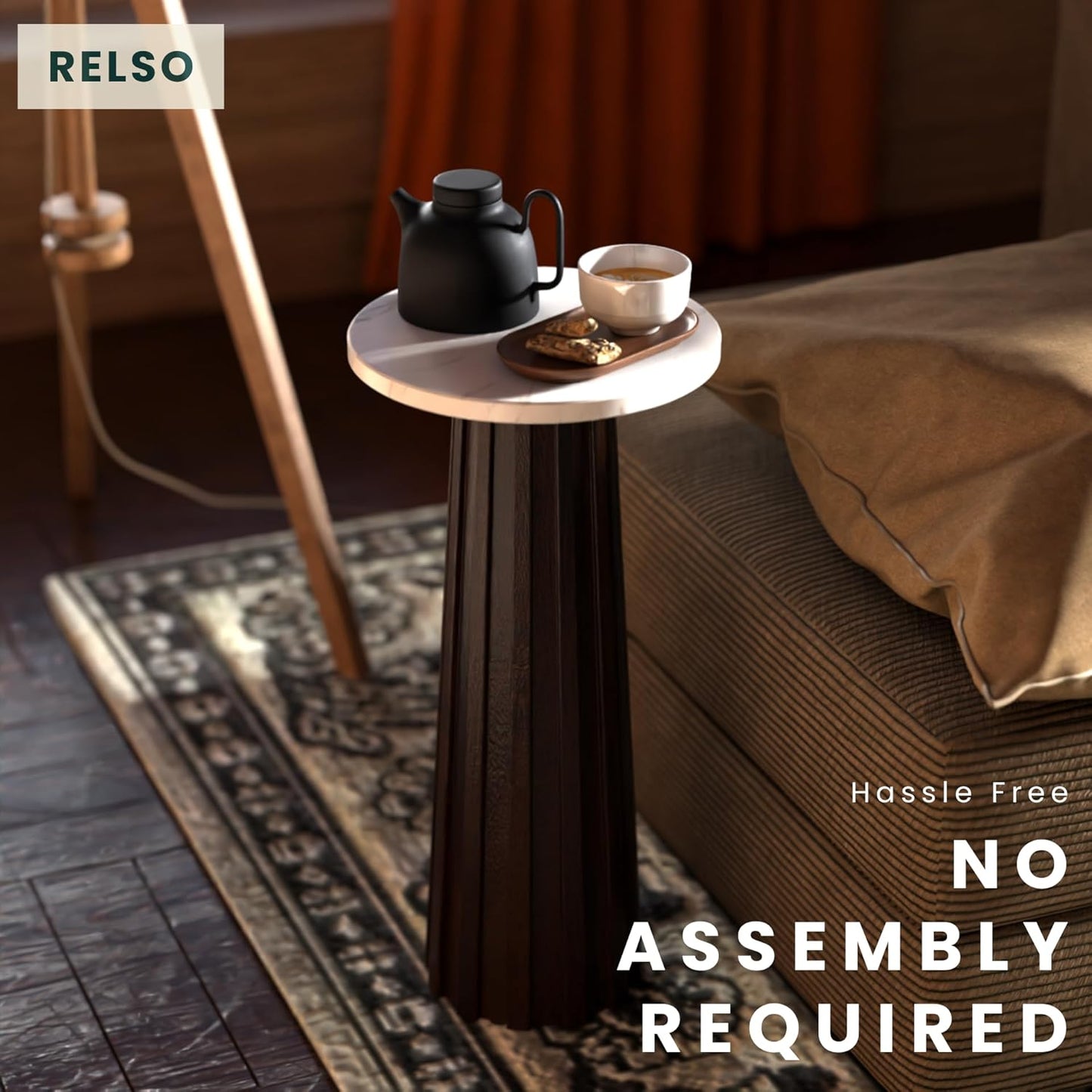 Ma'gro Drink Table – Solid Mango Wood Fluted Base with Real White Marble Top | Farmhouse Accent Side Table for Boho Decor, Bedside, Entryway, Plant Stand, Night Stand & Small Living Spaces