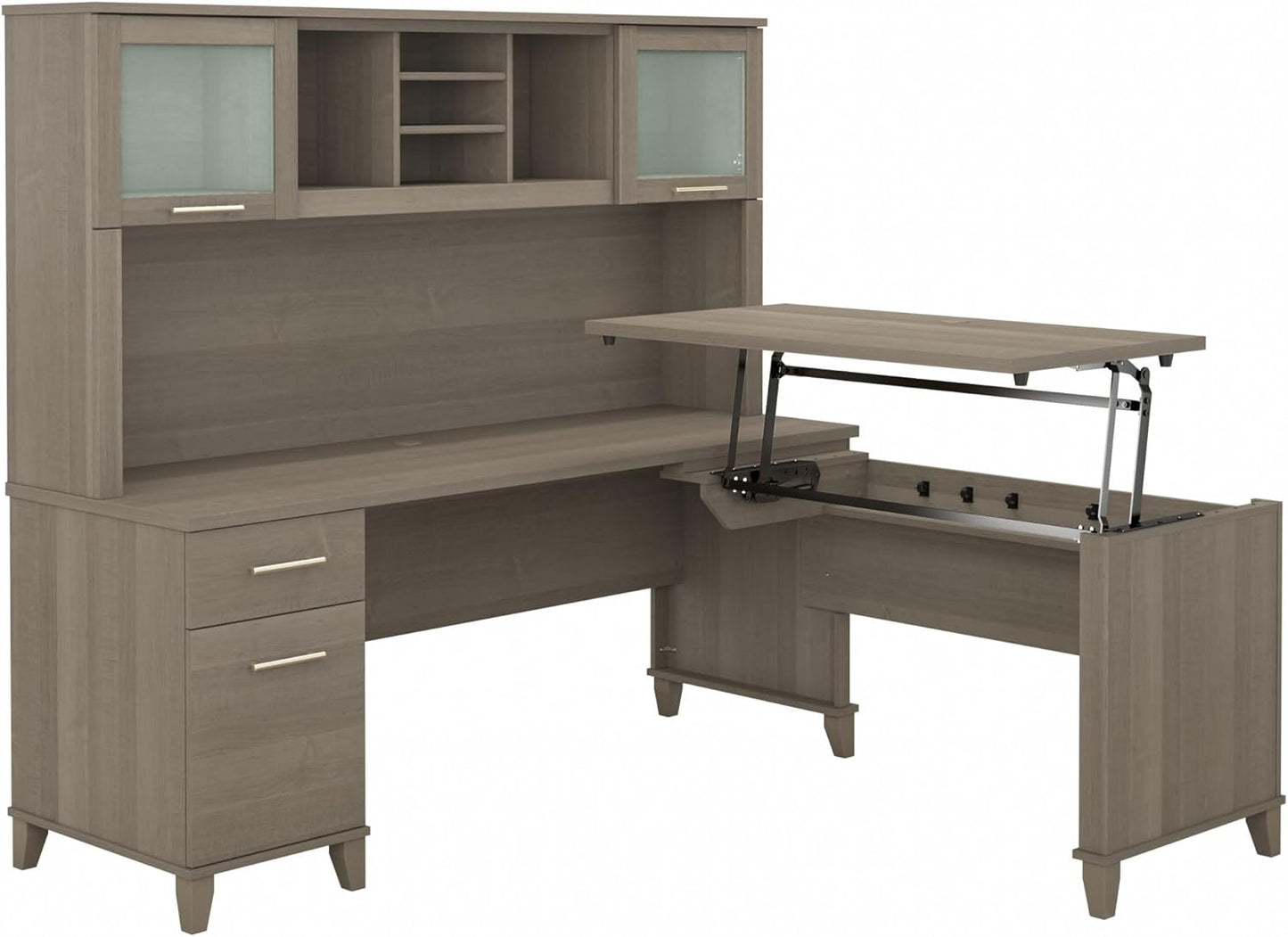 Bush Furniture Somerset 3 Position Sit to Stand L Shaped Desk with Hutch in Ash Gray Ergonomic Height Adjustable Standing Computer/Laptop Table for Home Office