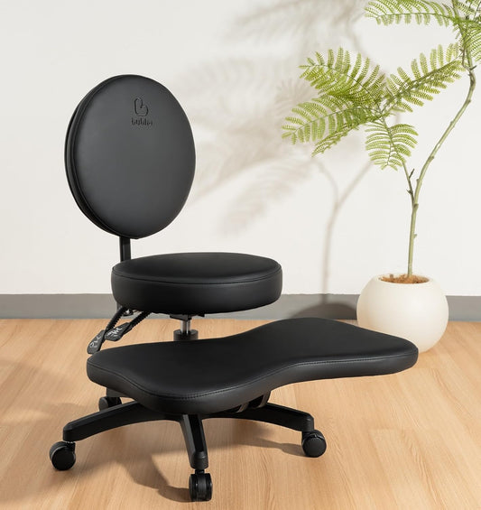 BUBHA Ergonomic Criss Cross Chair, Meditation Chair with Reclining Backrest & Adjustable Height, Cross Legged Office Chair with Wheels, Wide Kneeling Chair Leg Rest,ADHD Desk & Yoga Seat (Black)