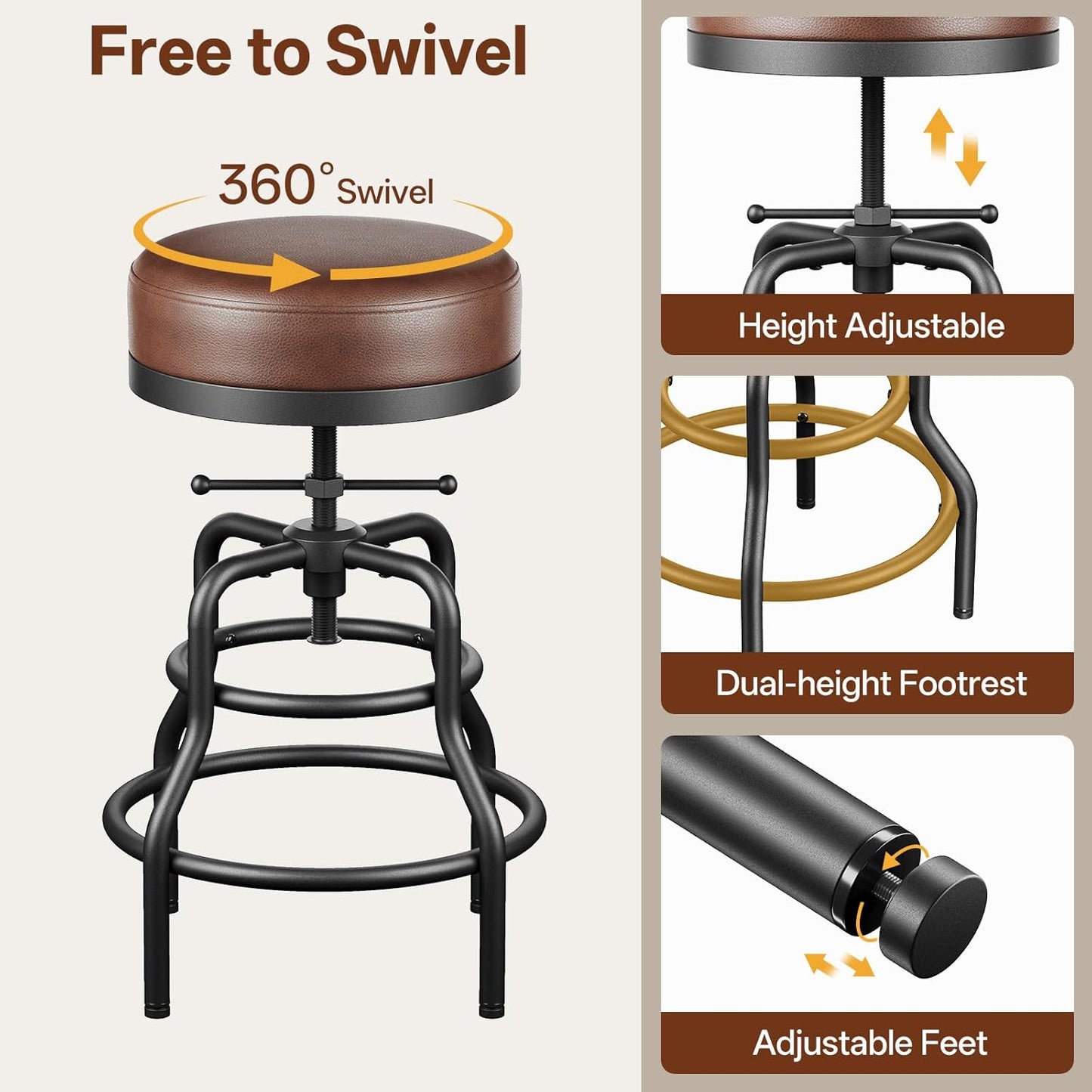 Adjustable Height Swivel Bar Stools Set of 3, 22-29 Inch Industrial Vintage Bar Counter Height Stools with Thicken Premium Bonded Leather Seats & Updated Footrests, Easy Assembly, Brown