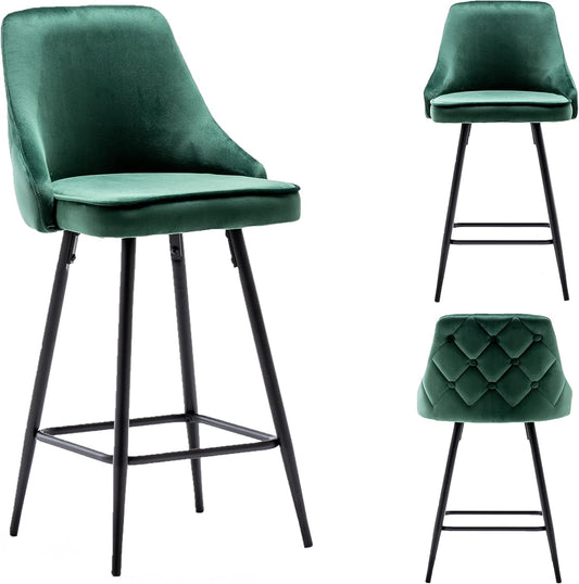 BTEXPERT Set of 2 Pack, Premium upholstered Dining 25" High Back Stool Bar Chairs, Green Velvet Tuftet Diamond Back