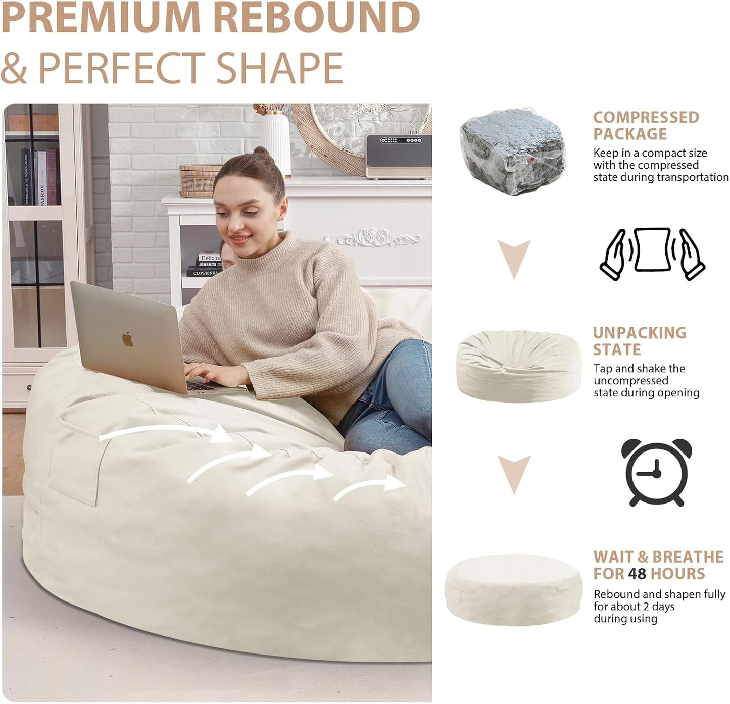 7FT Bean Bag Chair, Large Bean Bag Chairs with Memory Foam Filled, Fluffy Beanbag Sofa with Dutch Velvet Cover, Round BeanBag Chairs for Living Room, Playroom - Beige