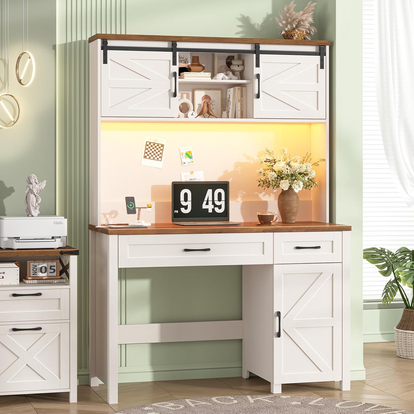 Farmhouse 47" Executive Desk, Computer Desk with 2 Drawers, LED Light and Storage Cabinet, Home Office Desk with Hutch, Charging Hub, Workstation for Home Office and Study.Unique White