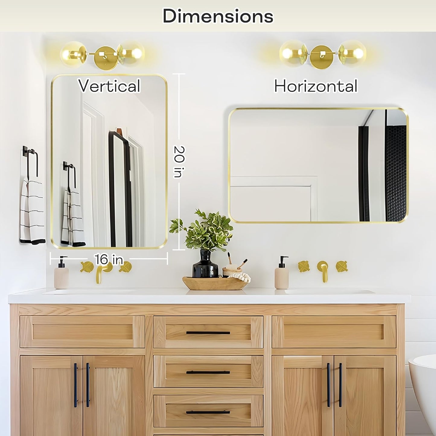 Wall Mount Mirror for Bathroom, Brushed Gold Metal Framed Rounded Corner Rectangular Vanity Mirror (16" x 20", Gold)